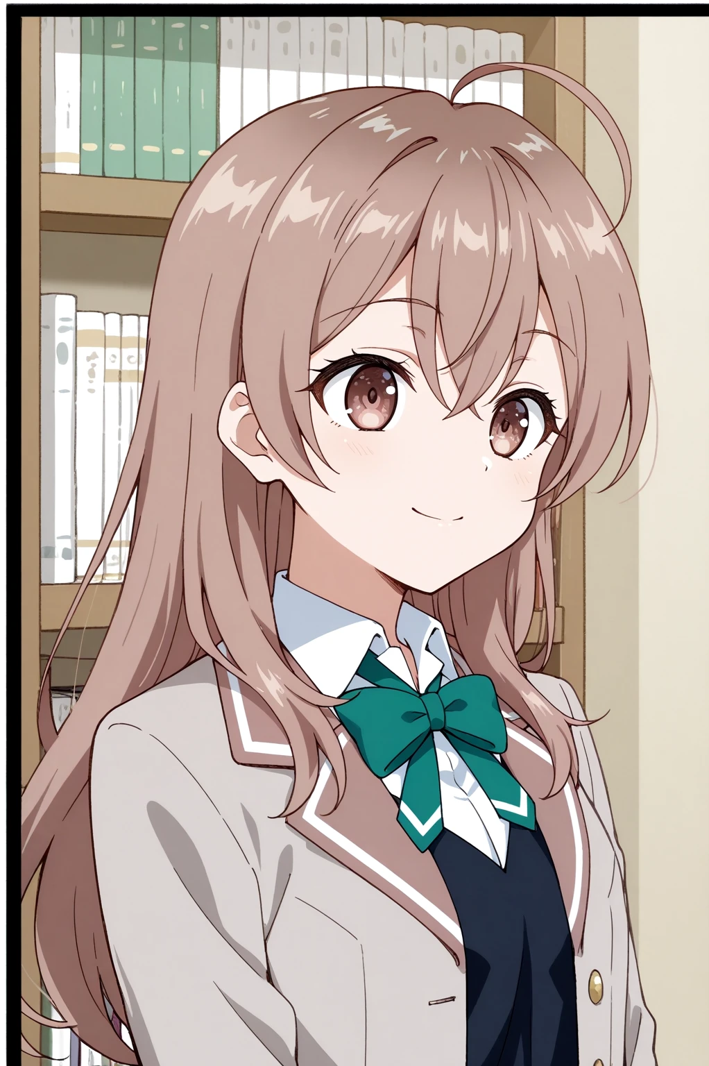 <lora:weq:0.8> Maria, rating safe, solo, long hair, smile, shirt, brown hair, bow, hair between eyes, closed mouth, jacket, school uniform, white shirt, upper body, ahoge, collared shirt, book, blazer, green bow, bookshelf, black border, green bowtie
