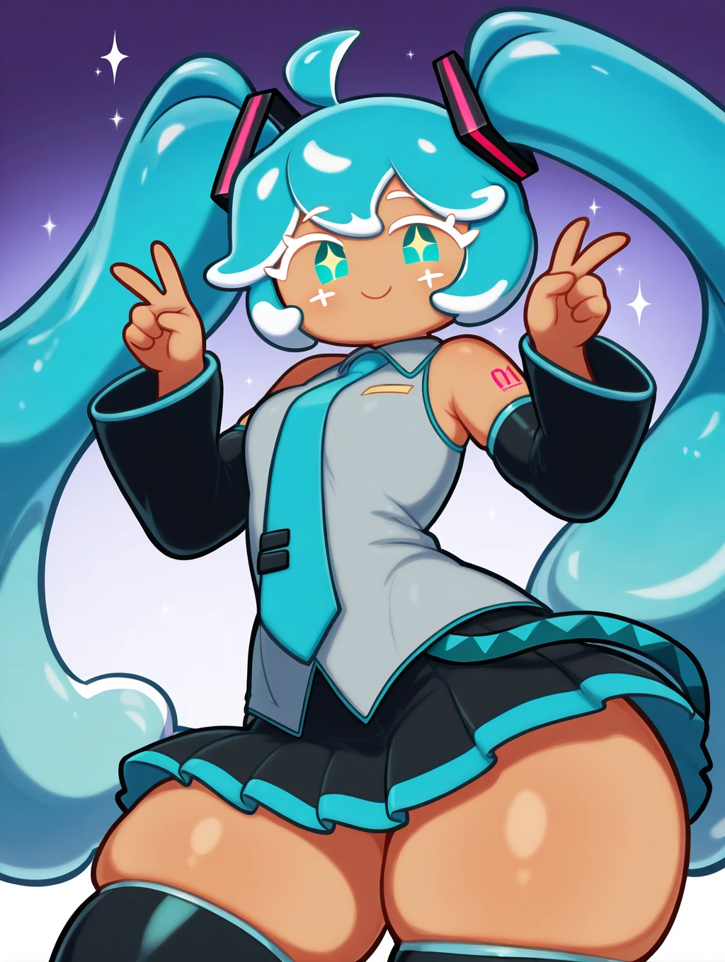 <lora:kasurnica2:1> , kasurnica, masterpiece, best quality, high quality, absurdres, highres, incredibly absurdres, amazing quality,
1girl, solo, shiny skin, looking at viewer, from side,
(cookie run, thick eyelashes, no sclera, no nose), liquid hair, colored skin,
hatsune miku, hatsune miku \(cosplay\), vocaloid boxart pose, blue hair, aqua eyes, aqua hair, ahoge, dress shirt, pleated skirt, thighhighs, thigh boots, double v,
thick thighs, skindentation, fat thighs, wide hips, legs apart,
smile, closed mouth,
contrapposto, head tilt, sparkling eyes, sparkle background,
masterpiece, best quality, high quality, absurdres, highres, incredibly absurdres, amazing quality,
<lora:illustrious_very_aesthetic_v1:0.2> ,
<lora:illustrious_noobai_epsilon_pred_1_masterpieces_v1:0.2>, <lora:illustrious_noobai_epsilon_pred_1_best_quality_v1:0.2>,
gradient hair,
blue background, purple background, gradient background, white background,