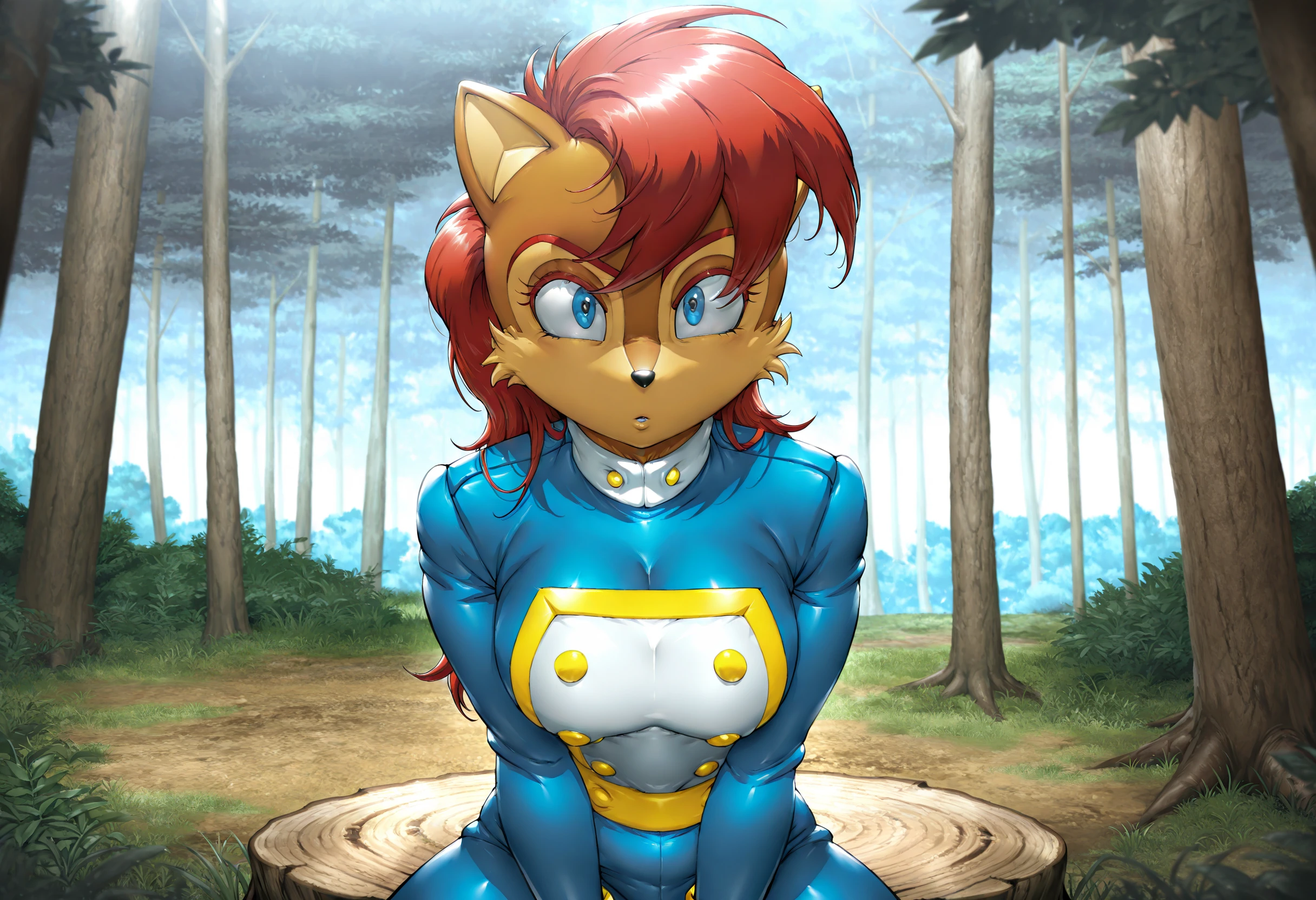 best quality, masterpiece, 1girl, absurdres, solo, brown fur, upper body, furry female, red eyebrows, anti sally acorn, Orushibu, sitting on tree stump, blue eyes, bodysuit, white and blue uniform with yellow trim, uniform, buttons, white gloves, long hair, red hair, forest, outdoors, white collar, <lora:Anti_SallyEvil_SallyPrincess_Alicia_Acorn_for_Illustrious:1.5>,