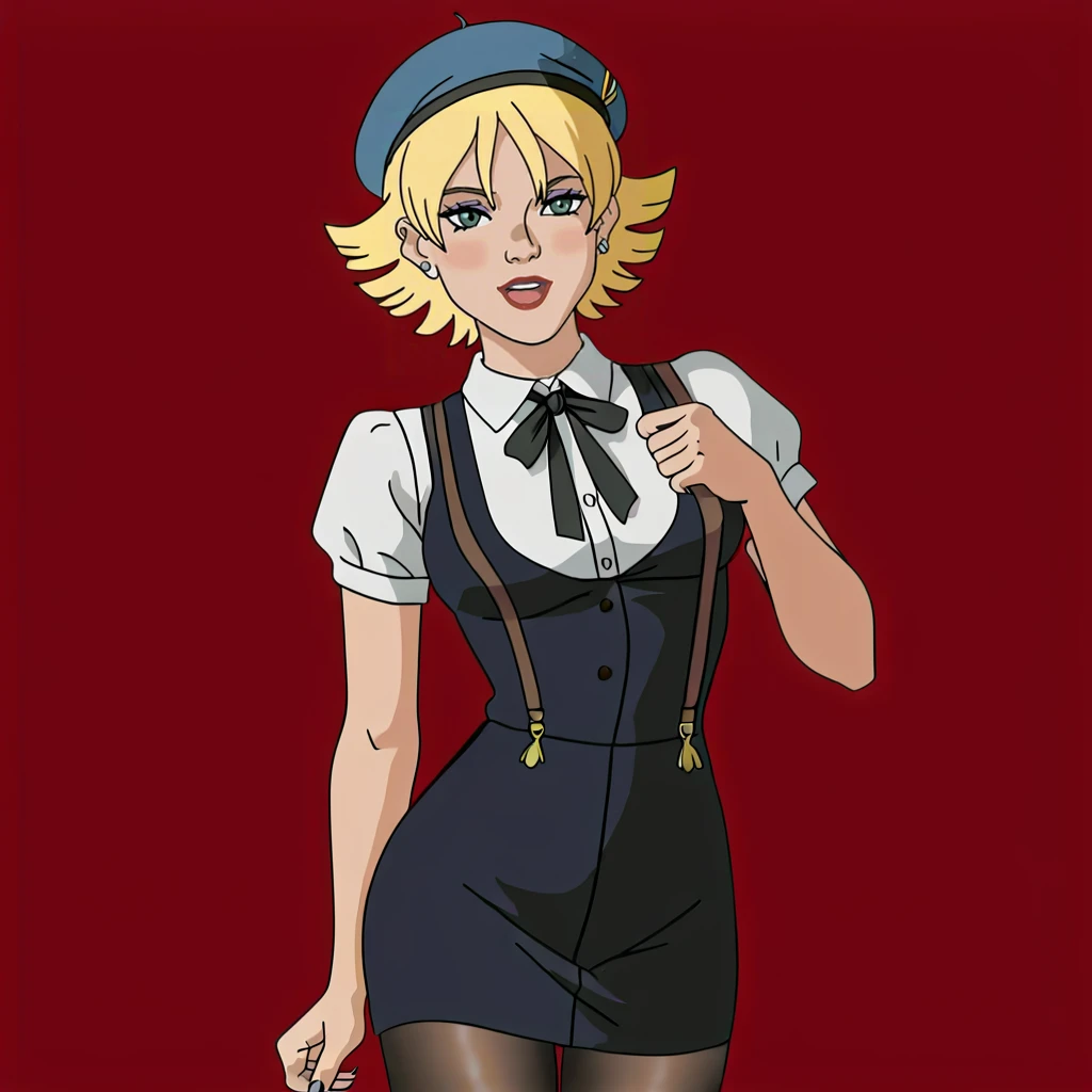 <lora:BoomBoom_pony_v1:0.9> Tabitha, 1girl, blonde hair, short hair, makeup, cowboy shot, <lora:0902 Home wear 5_v1_pony:1> ruanyi0902,beret,black ribbon,collared shirt,black pantyhose,high-waist skirt,white shirt,suspenders