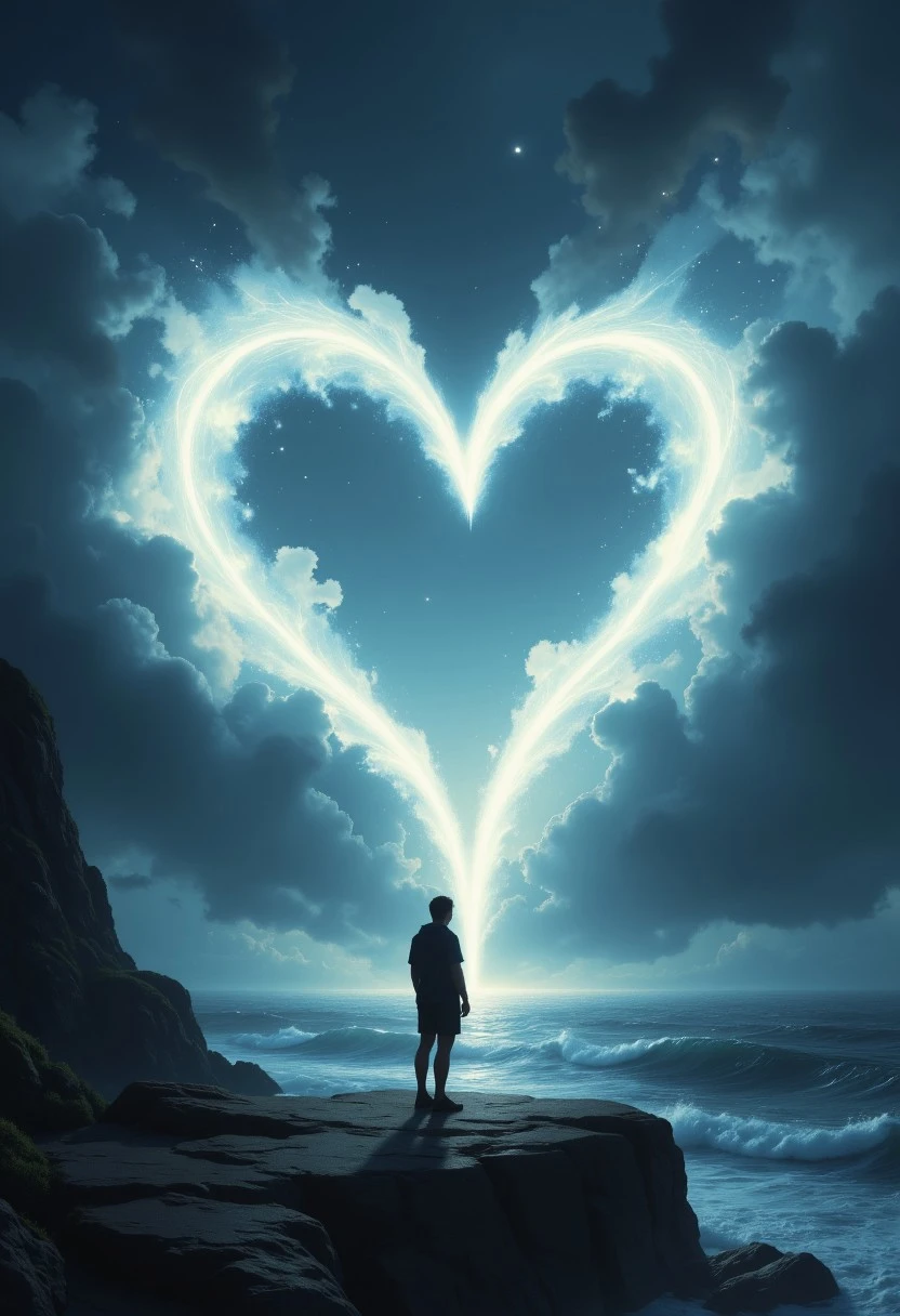 "A silhouette of a person standing on a cliff, staring at the ocean, with a heart-shaped cloud breaking apart in the stormy sky."
, aidmaLOVEboost, aidmamj6.1, aidmafluxpro1.1