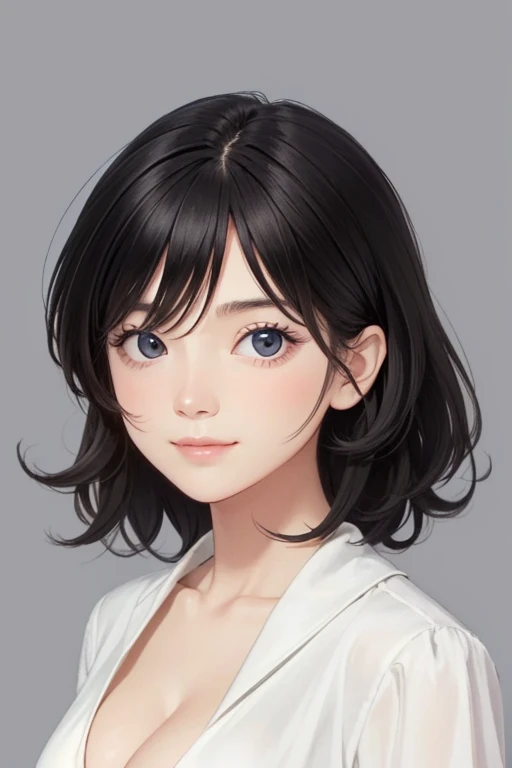 (high quality:1.3), (best quality:1.3), 24 year old, black hair, slight smile, detailed skin face and eyes, natural lighting, medium hair, cleavage, natural face, dark circles under eyes, upper body, simple background