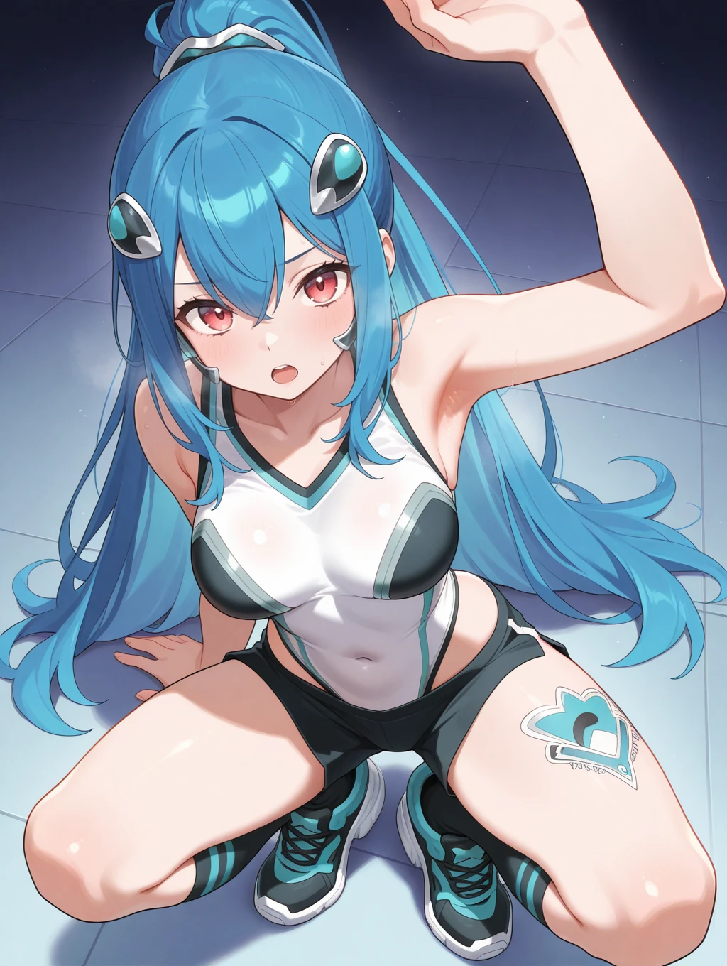 1girl, solo, ponytail, open mouth, squatting, medium breasts, covered navel, black shorts, armpit, black socks, black sneakers, white highleg leotard, bare arms, blue floor, Argostars - Glorious Adra, feather, black hair ornament, black hairset, arm up, from above, leg tattoo
masterpiece,best quality,amazing quality,very aesthetic,absurdres,newest,<lora:Argostars - Glorious Adra illuXL v1:0.7>,