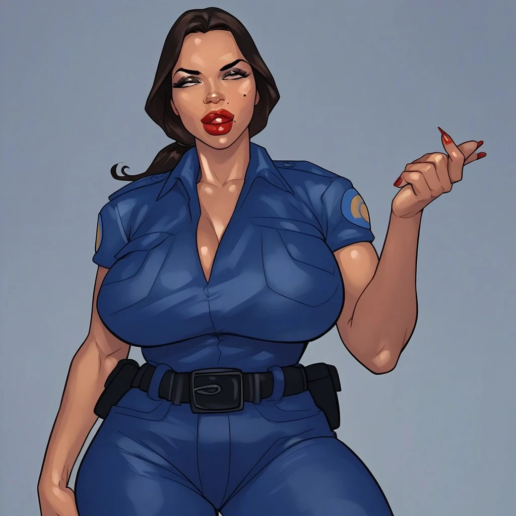 simple background (in women's police uniform and police cap: 1.4), good hand, 4k, high resolution, masterpiece, best quality, head: 1.3, ((Hasselblad photo)), finely detailed skin, clear focus, (cinematic lighting), soft lighting, dynamic angle, [:(detailed face: 1.2):0.2], belly gaze, huge , breastsside the mansion))), 1girl, jewelry, earrings, orange_sky, solo, mole, long_curly_hair,   mole_under_eye, upper_body, green_eyes, looking_at_viewer, black hair, fashion (head tilt: 1.4), plain background, red background,