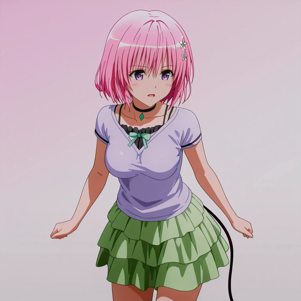 <lora:Momo_illustrious_v1:1> MomoCollarOutfit, 1girl, momo velia deviluke, pink hair, medium breasts, demon tail, short hair, purple eyes, skirt, hair ornament, choker, cowboy shot