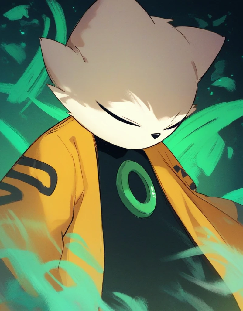 score 9, score 8 up, score 7 up, score 6 up, score 5 up, score 4 up,
yi, nine sols, feline, solarian, anthro, solo, male, looking down, looking at plant, white fur, closed eyes, cat ears, clothes, black body, green ring on chest, yellow coat, long sleeves, abstract background