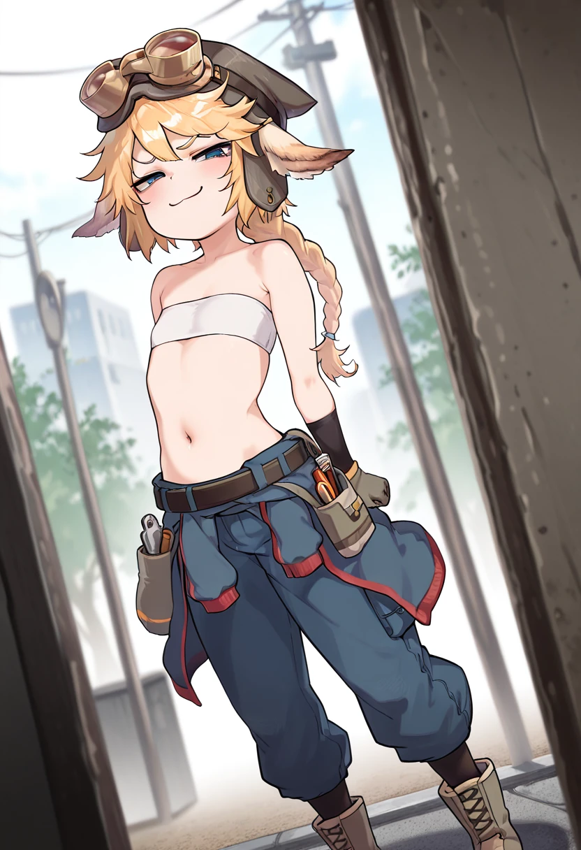 (masterpiece,best quality,amazing quality:1.2), detailed background, depth of field, outdoors, (dutch angle:1.3),
BREAK
(1girl, solo), (mariannegt, blonde hair, long braid, animal ears, blue eyes), smug, smile, standing,
BREAK
bandeau, bare shoulders, gloves, cargo pants, navel, jacket around waist, boots, goggles on headwear, belt, tools, belt pouch,
BREAK
(flat chest:1.1),
<lora:ahemaru_777:0.5>
<lora:StS-Illustrious-Detail-Slider-v1.0:1>
<lora:Atte_Nanakusa IL:0.5> Atte_Nanakusa
<lora:Artist Style(OA):0.2> <lora:Marianne_Guardian_Tales:1>