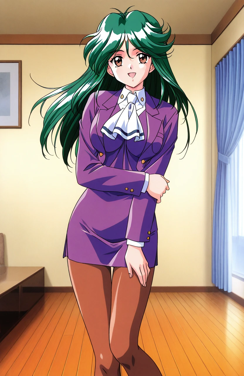 general,highres, ultra-detailed,very aesthetic,best quality ,best hands, BREAK <lora:Asou_Kasumi_Tokimeki_Memorial2_IS:1>Asou_Kasumi(Tokimeki_Memorial2),1girl, solo, green hair, long hair, brown eyes, 1990s (style), 
large breasts, smile, open mouth, cross arms,
smile, white ascot, long sleeves, purple jacket, pper body, mini skirt, purple skirt, brown pantyhose,
room, flooring, curtain,