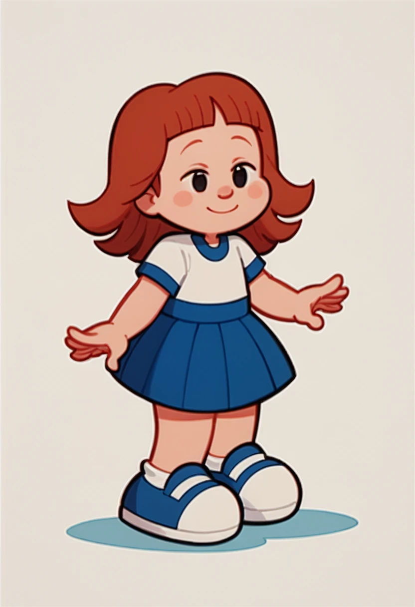 TatiTDM, 1girl, coppery hair, red-brown hair, white short sleeve shirt, blue skirt blunt bags, white socks, shoes, black eyes, short, solo, full body