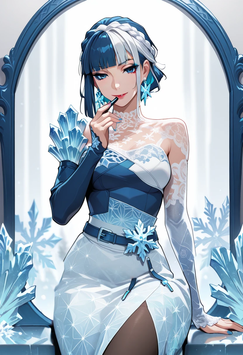 masterpiece, best quality, newest, absurdres, highres, ,  <lora:RivalsLunaSnow-000011:0.9> RVLSLNALT, two-tone hair, dress, blunt bangs, crown braid, blue eyeshadow, makeup, single sidelock, blue hair, white hair,  breasts,  medium skirt, single bare shoulder, snowflake earrings, ice crystal, embroidery, asymmetrical sleeves, blue belt, snowflake earrings, pantyhose, mirror, seductive smile,  applying makeup, 1girl, solo, blue eyes,