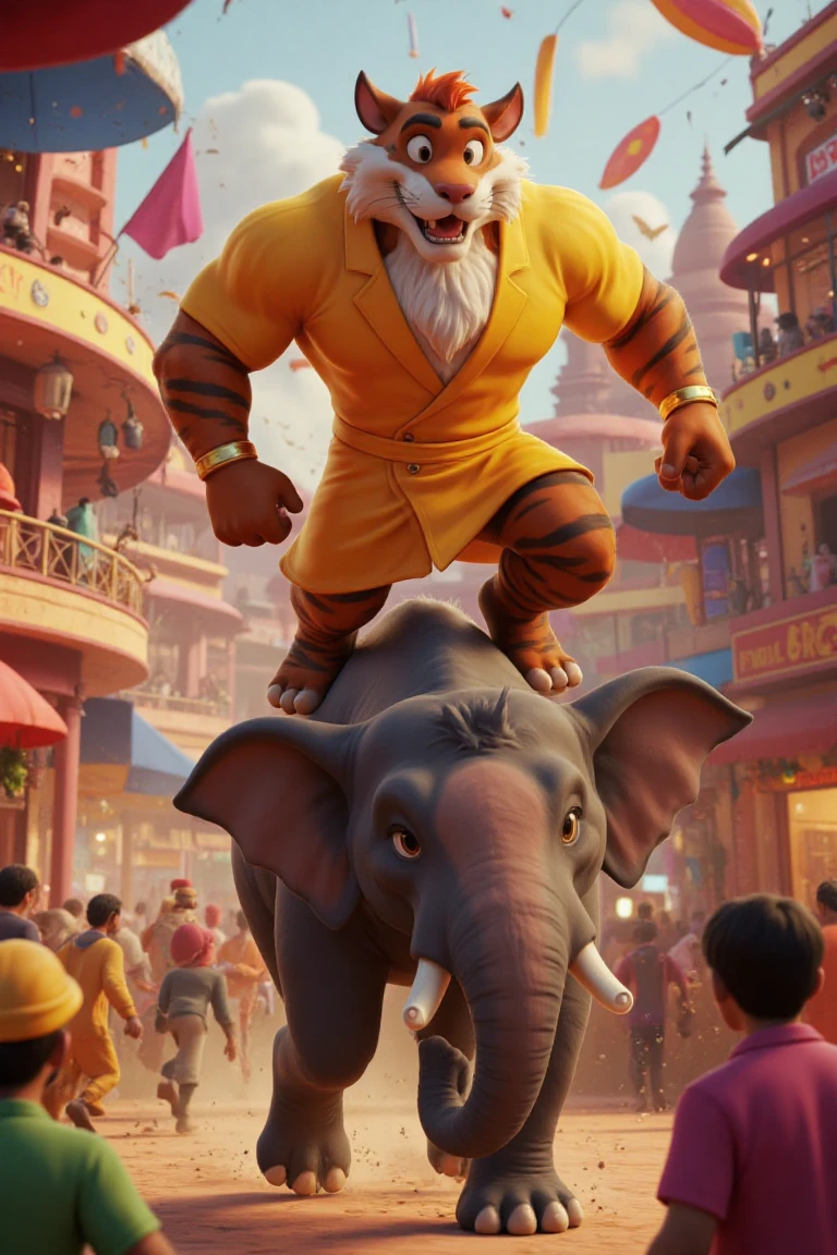 "Looney Tunes-style, 3D animated model, muscular anthropomorphic tiger, male, adult, wearing a fancy golden robe, balancing on top of a runaway elephant in a crowded marketplace in Mumbai, exaggerated cartoon motion, vibrant colors, detailed Pixar-like fur shading, dynamic lighting, Indian architecture and spice markets in the background."