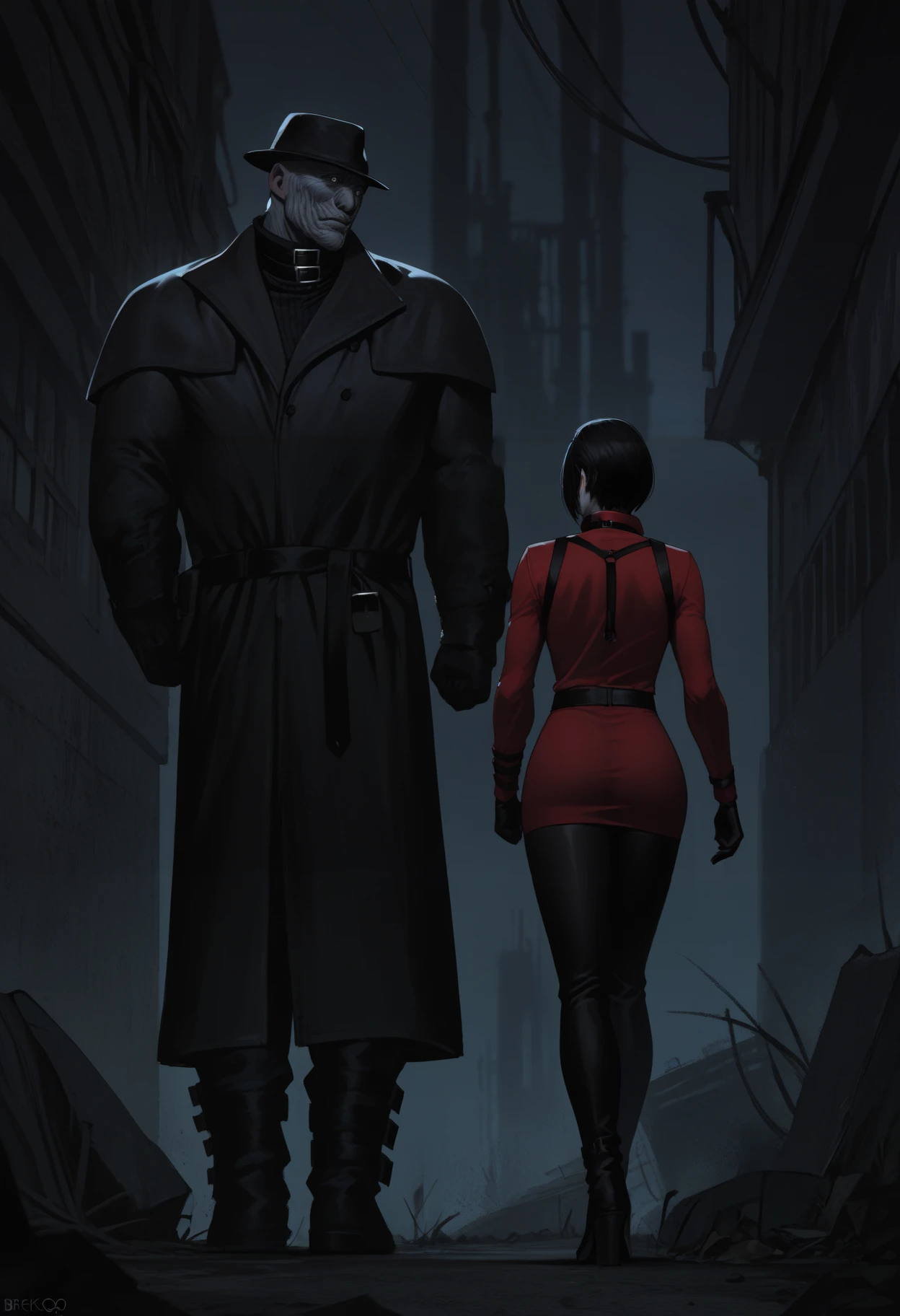 masterpiece, best quality, newest, hdr, dark, night, outdoors, 1boy, 1girl, size difference, BREAK
1boy, xg0g1ty, grey eyes, grey skin, bald, wrinkled skin, black fedora, belt collar, black coat, long coat, buttons, black shirt, arm belt, black gloves, black belt, black pants, leg belt, black footwear, hug from behind, BREK <lora:Mr. x Illustrious:1>
1girl, ada wong, black gloves, red dress, sweater dress, black pantyhose, thigh boots, thighhigh, belt buckle, harness, holster, scared, surprised,