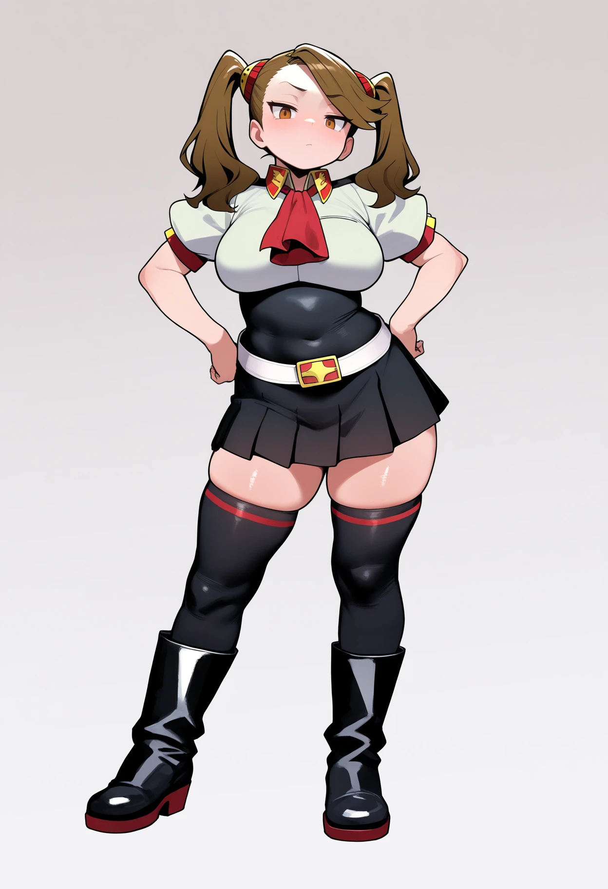 masterpiece, Highest quality, High resolution, 1girl, 独奏, Sakura MS, kasugano sakura, milf, shiny, oily skin, Brown eyes, Brown Hair, short hair, bangs, Ahoge, head band, , Puffy sleeves, Crop top, neckerchief, midriff, ((blue mini skirt)), ultra short skirt, Fingerless gloves, Thighs Thighs Thighs, (thick thighs, voluptuous thighs, ample thighs), White socks, Red footwear, Very detailed, More detailed,Proper body balance,Ultra-high quality output images,High resolution,Intricate details,Very delicate and beautiful hair, simple background, Embarrassed look, discovery stance, Bare legs, full body,