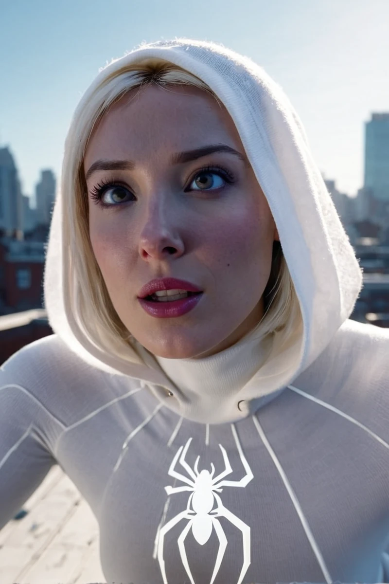 <lora:Millie_Bobby_Brown_SDXL_101-000011:1> milliebb101 cinematic photo looking at viewer as a spider Gwen on a rooftop , expression, , finely detailed eyes, epic scene, epic composition, Photography, Cinematic Lighting, Volumetric Lighting, ethereal light, intricate details, extremely detailed volumetric rays 35mm photograph, film, bokeh, professional, 4k, highly detailed