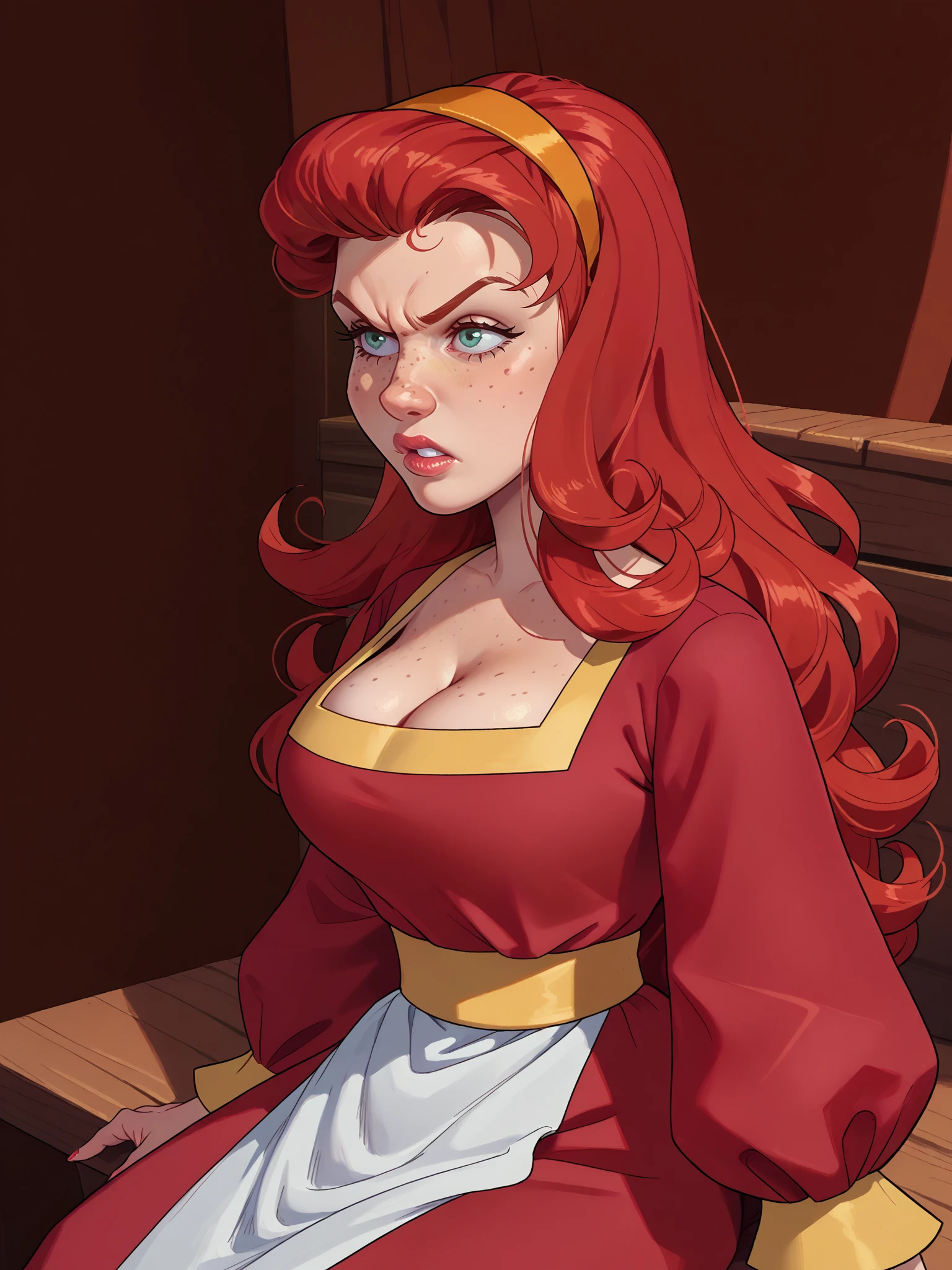 <lora:Artist_Style_-_LilBoots_PDXL:1> lilboots-dh, score_9, score_8_up, score_7_up, score_6_up,
<lora:Rose_Red_-_Simsala_Grimm_-_Snow_White_and_Rose_Red:0.8> rred-simgrim, 1girl, solo, freckles, large breasts, cleavage, red hair, golden hairband, long hair, red dress, red shirt, puffy sleeves, yellow trim, white apron, sitting, angry
