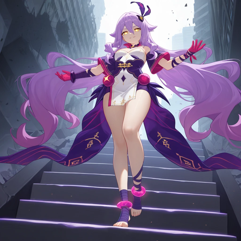 masterpiece, best quality, ultra-detailed, very aesthetic, detailed background, year 2023, very aesthetic, newest, scenery, highres, 4k, absurdres, 8k, colorful,vibrant, glowing, perfect face, 2d, perfect eyes, detailed eyes, 1girl, solo, cityscape, ruins, debris, explosions, explosion, walking on air, walking down invisible stairs, from below, spread arms, evil smirk, parted lips, looking down at viewer, black holes, magic circles, full body, ruined buildings, collapsed buildings, long hair, purple hair, yellow eyes, x-shaped pupils, diamond-shaped pupils, Sirin, Fol003, Srn_Mng, strapless dress, purple underbust, short pelvic curtain, bandaged leg, single glove, magenta gloves, clothing cutout, cleavage, alt wide sleeves, purple corset, purple detached sleeves, alternate short sleeves, bare shoulders, purple bandages, anklet, stirrup legwear, toeless legwear, bandaged arm, bandaged hand, alt white dress, high collar, jewelry, detached collar, shield hair ornament, feather in hair, anklet, purple anklet, crystal anklet,
masterpiece, best quality, ultra-detailed, very aesthetic, newest, scenery, absurdres, perfect anatomy, perfect legs, perfect face, perfect eyes, mature body, clear eyes, beautiful eyes,