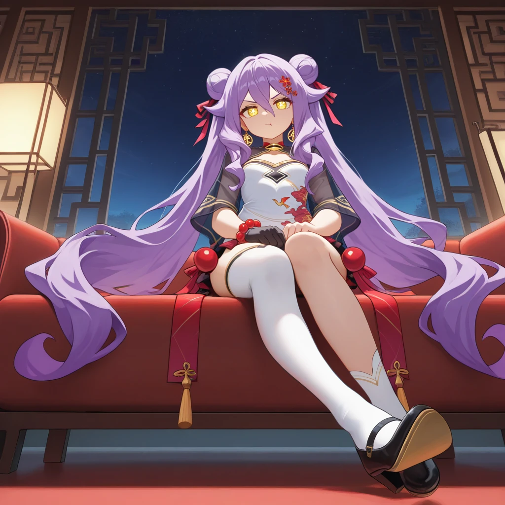 masterpiece, best quality, ultra-detailed, very aesthetic, detailed background, year 2023, very aesthetic, newest, scenery, highres, 4k, absurdres, 8k, colorful,vibrant, glowing, perfect face, 2d, perfect eyes, detailed eyes, 1girl, solo, Chinese architecture, Chinese restaurant, Chinese interior, Chinese decor, lanterns, indoors, window, restaurant interior, detailed background, night, night sky, night time, starry sky,
sitting on couch, full body, knees together feet apart, hands on own lap, pouting, angry, looking at viewer, side eye, facing away, from below, foreshortening, long hair, purple hair, yellow eyes, x-shaped pupils, diamond-shaped pupils, Sirin, Fol002, Srn_CN, twintails, hair ribbon, chinese clothes, bird print, short dress, white dress, frilled dress, red skirt, black skirt, shrug (clothing), black shrug, see-through, sleeves past elbows, see-through sleeves, black sleeves, pleated sleeves, red tassel, red ribbon, long ribbon, red bead bracelet, earrings, red choker, black glove, single glove, white thighhighs, single thighhigh, asymmetrical legwear, single sock, white socks, black shoes, gold trim, flower hairclip, double hair bun, hair bun, white buns, hairclip,
masterpiece, best quality, ultra-detailed, very aesthetic, newest, scenery, absurdres, perfect anatomy, perfect legs, perfect face, perfect eyes, mature body, clear eyes, beautiful eyes,