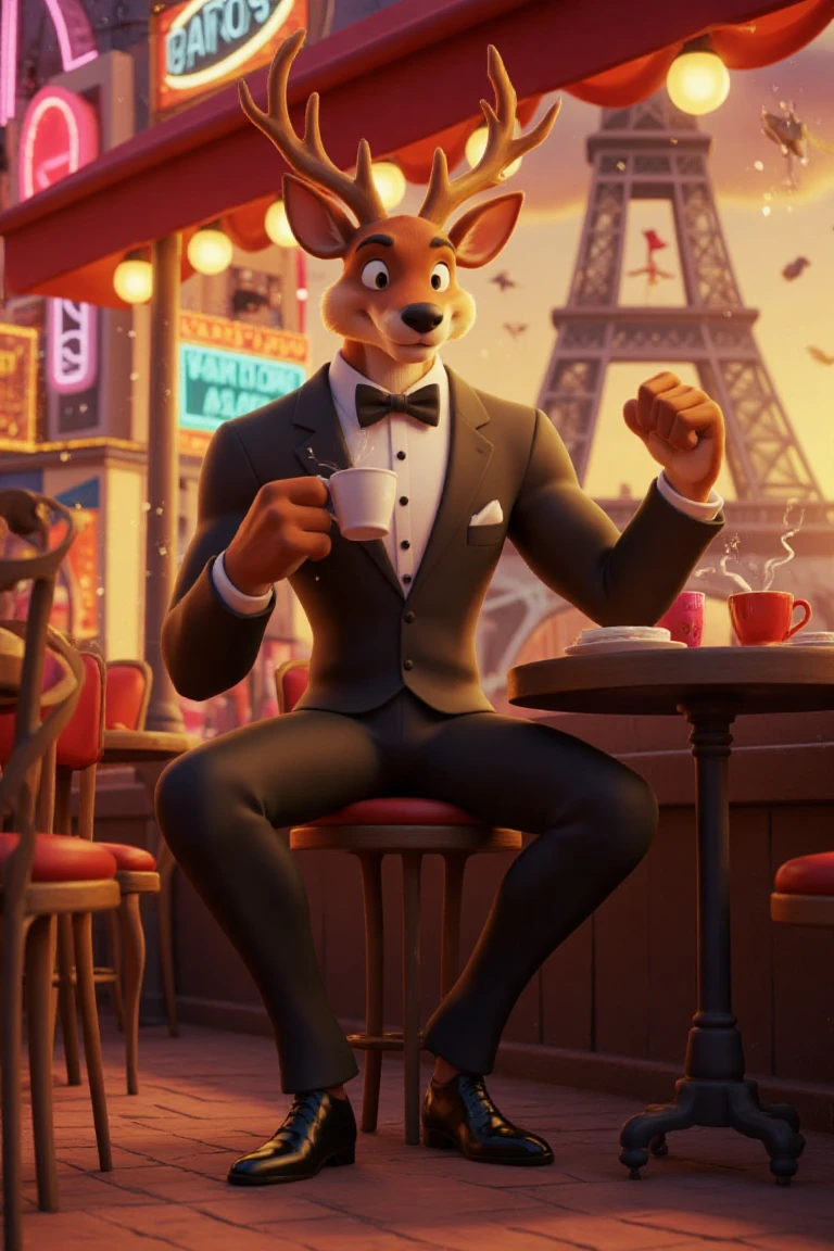 "Looney Tunes-style, 3D animated model, muscular anthropomorphic deer, male, adult, dressed in a fancy tuxedo, sitting at an outdoor café near the Eiffel Tower, holding a tiny espresso cup, exaggerated elegant pose, soft Pixar-like fur, warm sunset lighting, lively cartoon Paris background with bakeries and musicians