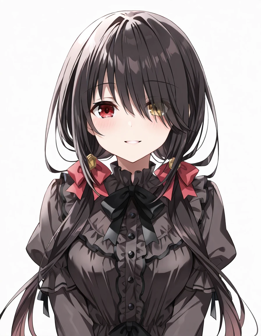 Volumetric Lighting, (masterpiece), (best quality), (ultra-detailed), masterpiece, source_anime, score_9, score_8_up, score_7_up BREAK, illustration, disheveled hair, detailed eyes, perfect composition, moist skin, intricate details BREAK, light depth, detailed face, detailed fingers, BREAK, Kurumi,medium breast, hairstyle2, black hair, long hair, low twintails, hair over one eye,heterochromia, red eyes, yellow eyes, clock eyes BREAK, KurumiDate, date_dress, date_hair_bow, date_neck_ribbon,BREAK, (((simple background, white background))), looking at viewer,smile, upper body, parted lips
