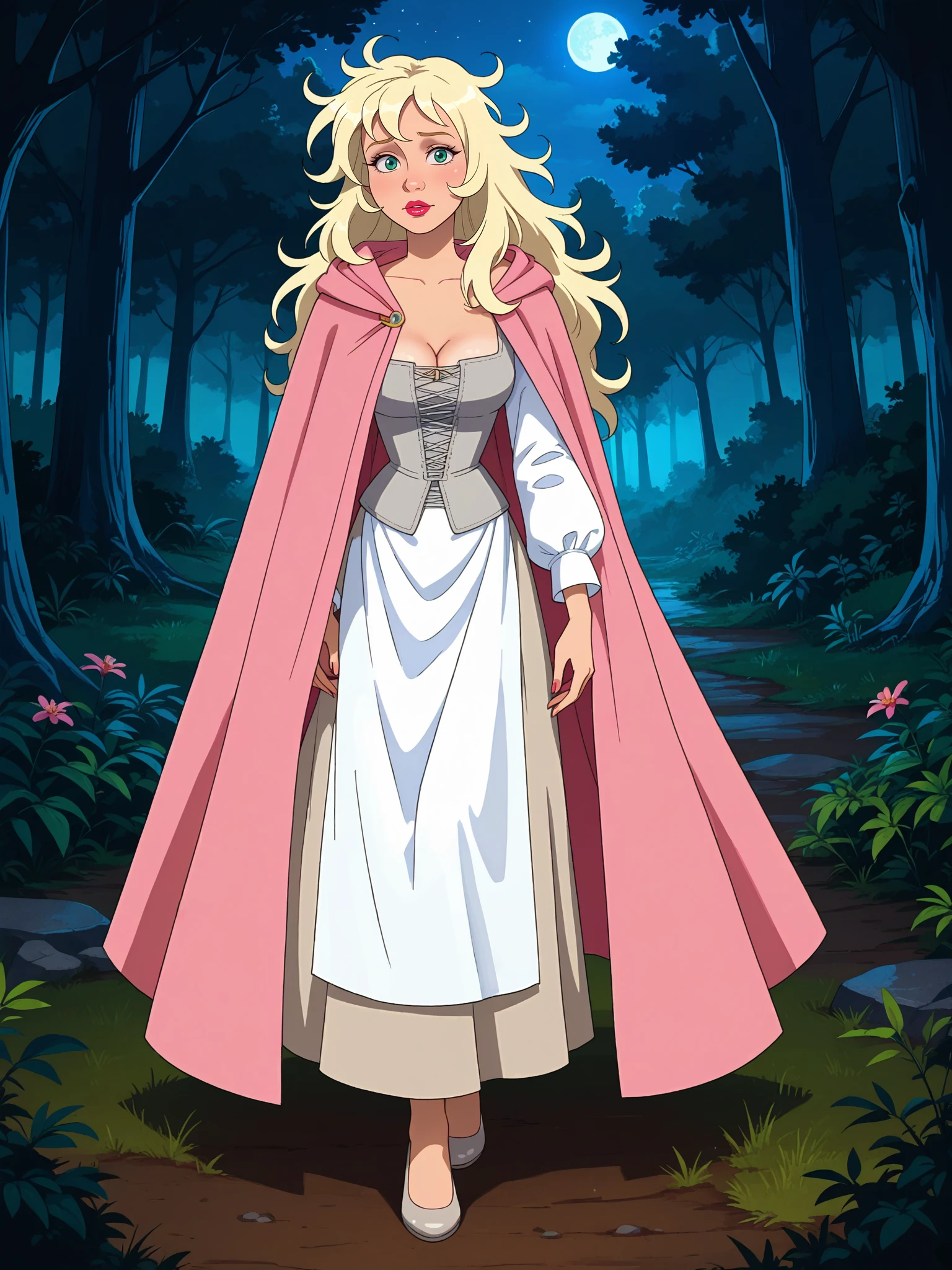 , score_9, score_8_up, score_7_up, score_6_up,
<lora:Snow_White_-_Simsala_Grimm_-_Snow_White_and_Red_Rose:0.8> swhite-simgrim, 1girl, solo, blonde hair, long hair, green eyes, lipstick, tan skirt, apron, white shirt, puffy sleeves, grey corset, breasts. cleavage, pink cloak, hood down, messy hair, full body, forest, night, nervous,