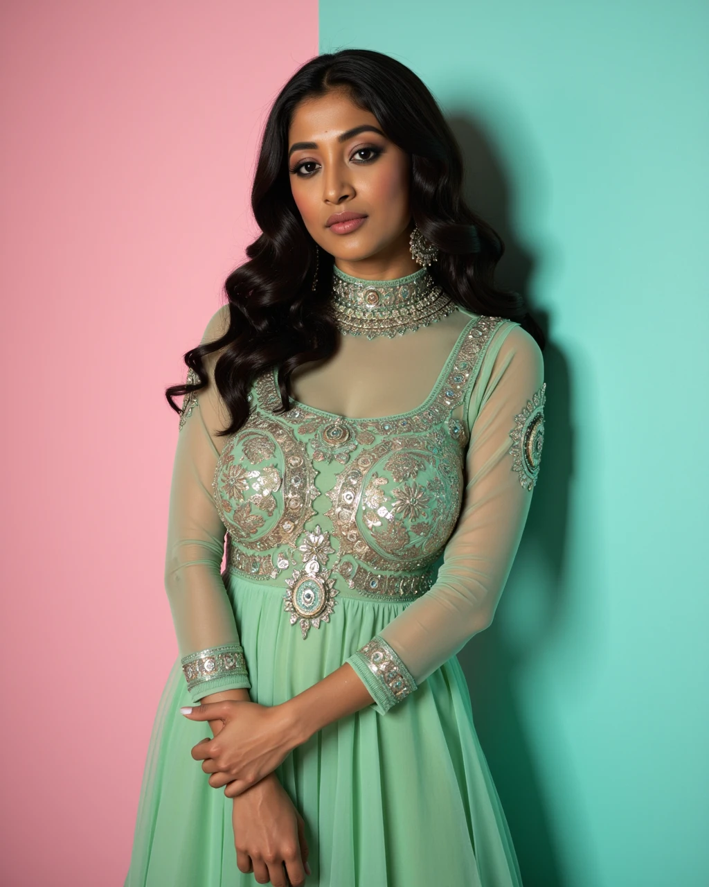 cowboy shot photo of Paoli Dam woman,candid photo with natural colors, pouting expression on face,studio quality, wearing intricate elegant conservative turtleneck Mint Green Long Anarkali Gown, curls, pastel shaded multicolored background, cinematic soft lighting<lora:TestBed\Paoli_Dam_Flux_Kohya_V1b-000004.safetensors:0.8:0.8>