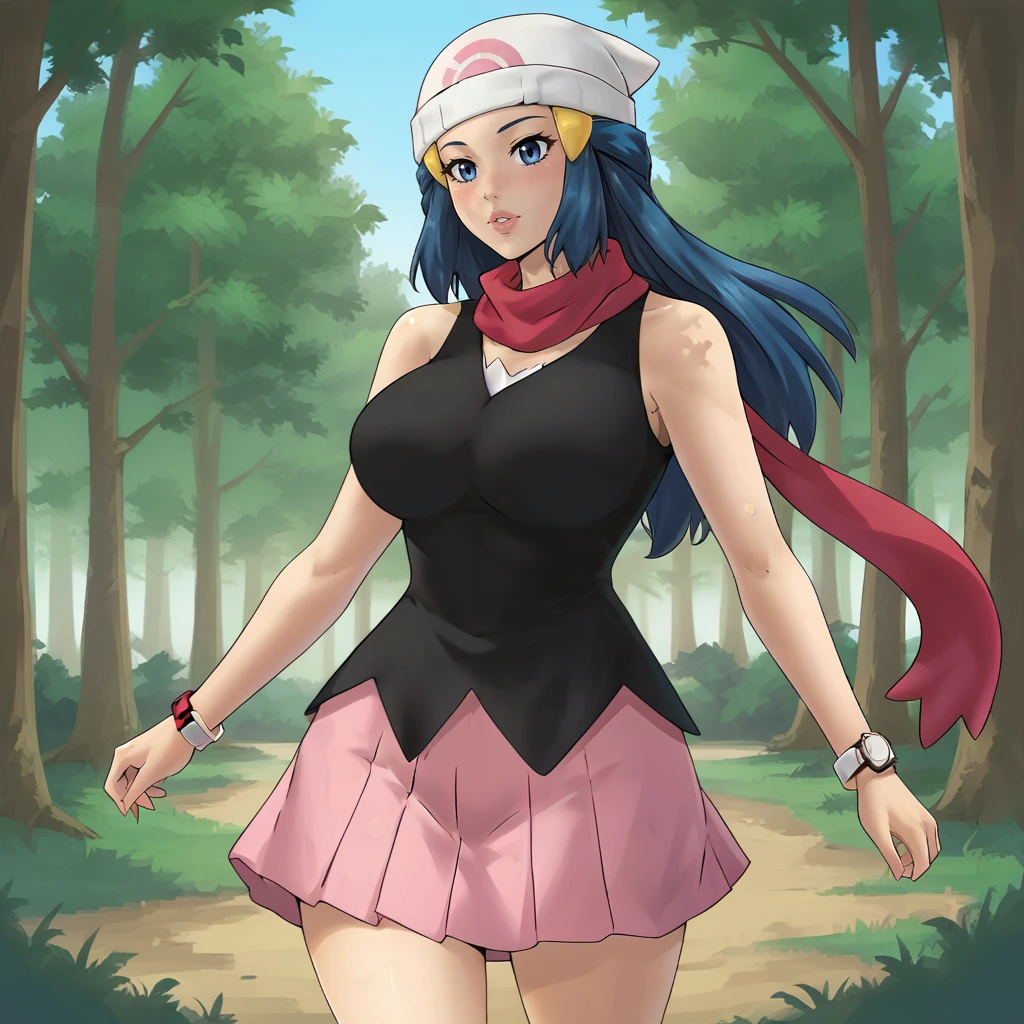 NSFW,masterpiece,Highest quality,High resolution,Super detailed,dawn_\(pokemon\),blue eyes, Blue Hair, Long Hair, Side Lock, Hair Clip, Beanie, Black Dress, No sleeve, Pink Skirt, scarf,blush,in the forest,lake