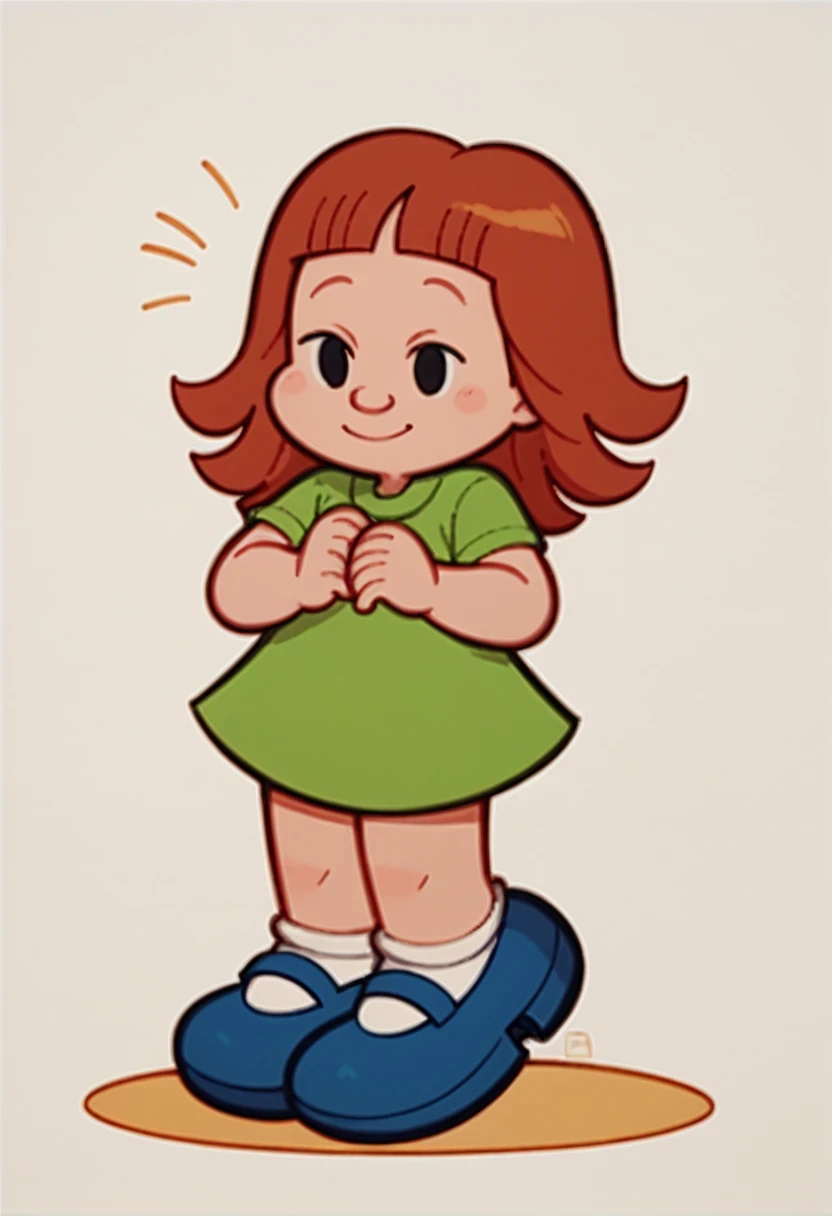 TatiTDM, 1girl, coppery hair, red-brown hair, green short sleeve shirt, blunt bags, white socks, blue mary janes, black eyes, short, solo, full body