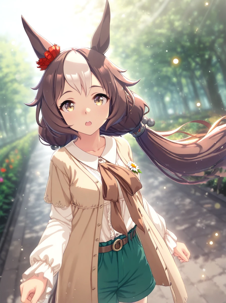 masterpiece, best quality, absurdres,ultra detailed hair,floating hair,
yamanin zephyr \(umamusume\), 1girl, horse ears, looking at viewer, open mouth, silver hair ornament, red ear scrunchie, brown short sleeves jacket, flower badge, brown ribbon, long sleeves white shirt, green shorts, brown belt, casual
light rays,lens flare,light particles,outdoors,motion blur, blur
<lora:ILL_yamanin_zephyr_ver1.01:0.85>