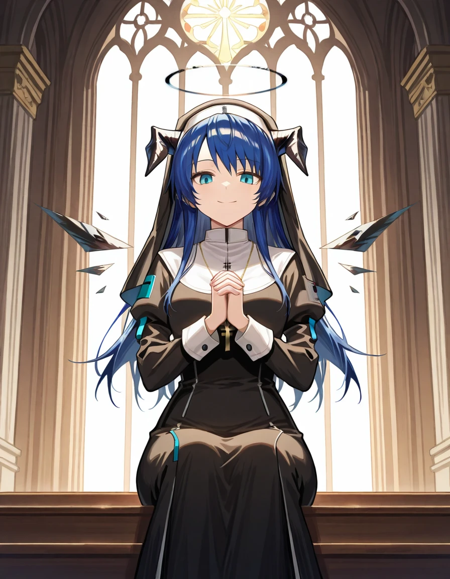 Volumetric Lighting, (masterpiece), (best quality), (ultra-detailed), masterpiece, source_anime, score_9, score_8_up, score_7_up BREAK, illustration, disheveled hair, detailed eyes, perfect composition, moist skin, intricate details BREAK, light depth, detailed face, detailed fingers, BREAK, mostima (arknights), long hair, blue hair, blue eyes, mosti horns, sankta wings, detached wings, mosti halo, black halo BREAK, nun, nun outfit, habit, praying, looking at viewer, white background, sitting, smile, sitting, church, indoor, cross necklace