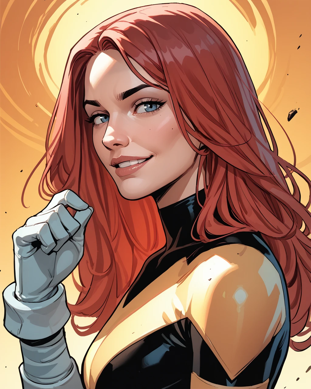 score_9, score_8_up, score_7_up, score_6_up, masterpiece, best quality, <lora:Hope_Summers_-_MarvelX-Men_Pony:1> hopesummers, long hair, red hair, bodysuit,  gloves , zPDXL3, zPDXLxxx,  view from side, seductive smile, upper body, looking at viewer, tucking hair,
