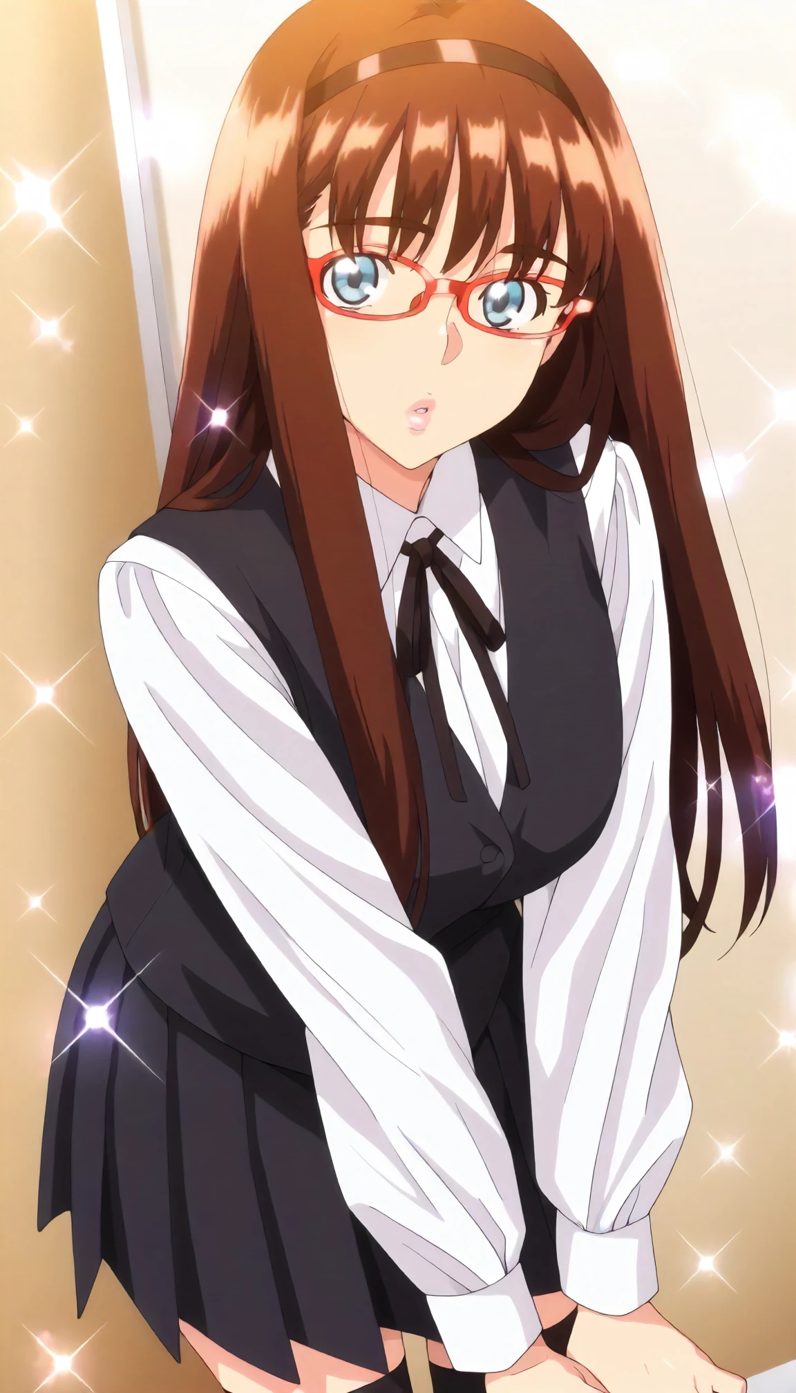 <lora:MnM_kawashima_hitomiXLIllustrious001>,
masterpiece,best quality,good quality,newest,
glitter,
parted lips,
looking at viewer,
solo,
anime coloring,
kawashima_hitomi\(megane_no_megami\),1girl,brown hair,long hair,hair band,blue eyes,pink lips,red-framed_eyewear,
white shirt,collared_shirt,black vest,black ribbon tie,pleated_skirt,black skirt,black socks,
standing,