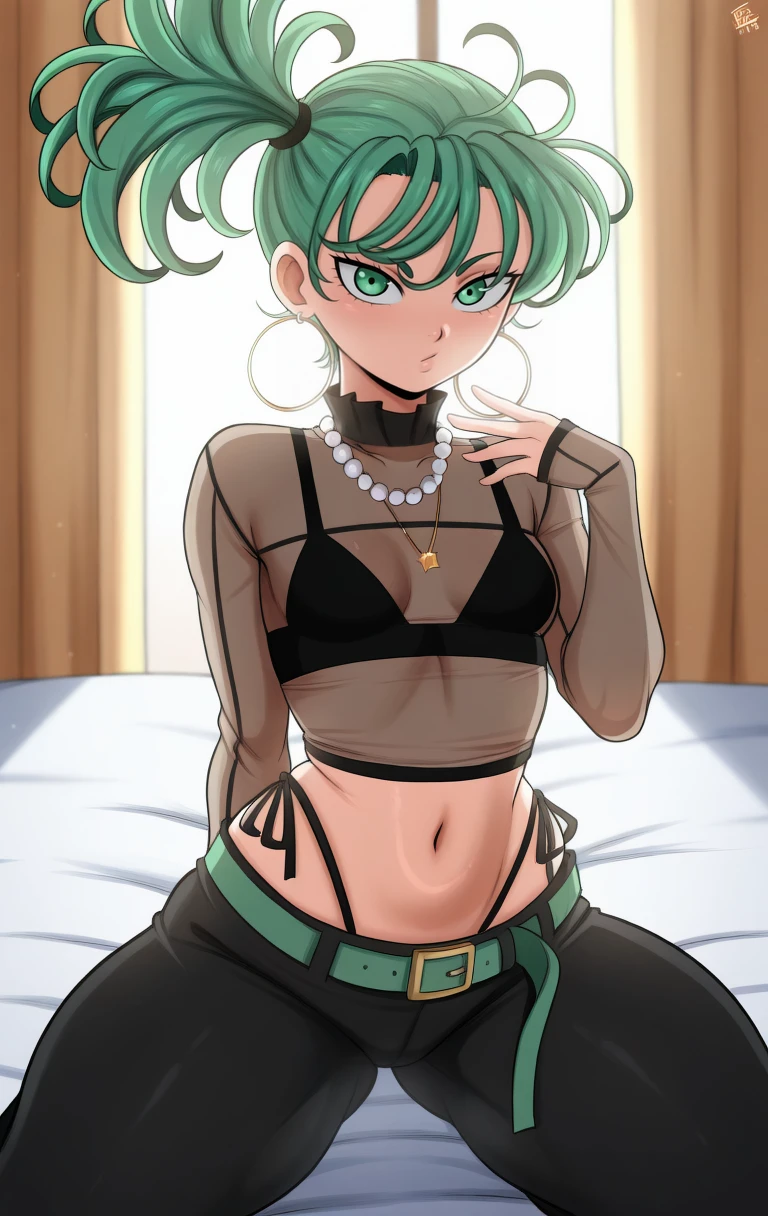 (masterpiece,amazing quality,best quality),<lora:blackwhiplash(bwl)-guy90-Illust-Lycorisv1:1>,blaash,<lora:astroo:0.3>,astroostylev5,solo,<lora:tatsumaki171IL-10:1>,tatsumaki171,short hair,navel,jewelry,underwear,green eyes,panties,earrings,green hair,midriff,pants,necklace,bra,side ponytail,dated,see-through,black panties,highleg,black pants,black bra,hoop earrings,pearl necklace,highleg panties,see-through shirt,tatsumaki,green belt,cowboy shot,kneeling, v