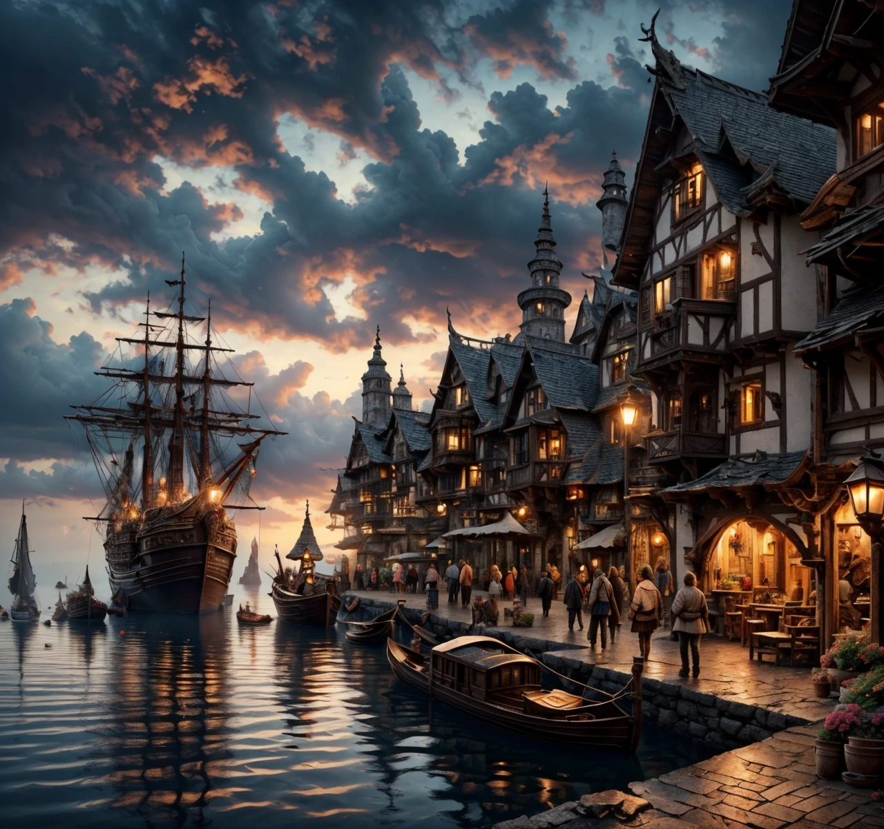 RAW photo, (masterpiece:1.3), subsurface scattering, heavy shadow, (high quality:1.4), (intricate, high detail:1.2), professional photography, HDR, High Dynamic Range, realistic, ultra realistic, photorealistic, high resolution, film photography, ambient lighting, atmospheric effects, <lora:detail_slider_v4:2>, OverallDetail, <lora:HarborAndDocks:1>, a group of smugglers on a pier, night, dark clouds, water hado, houses, boat