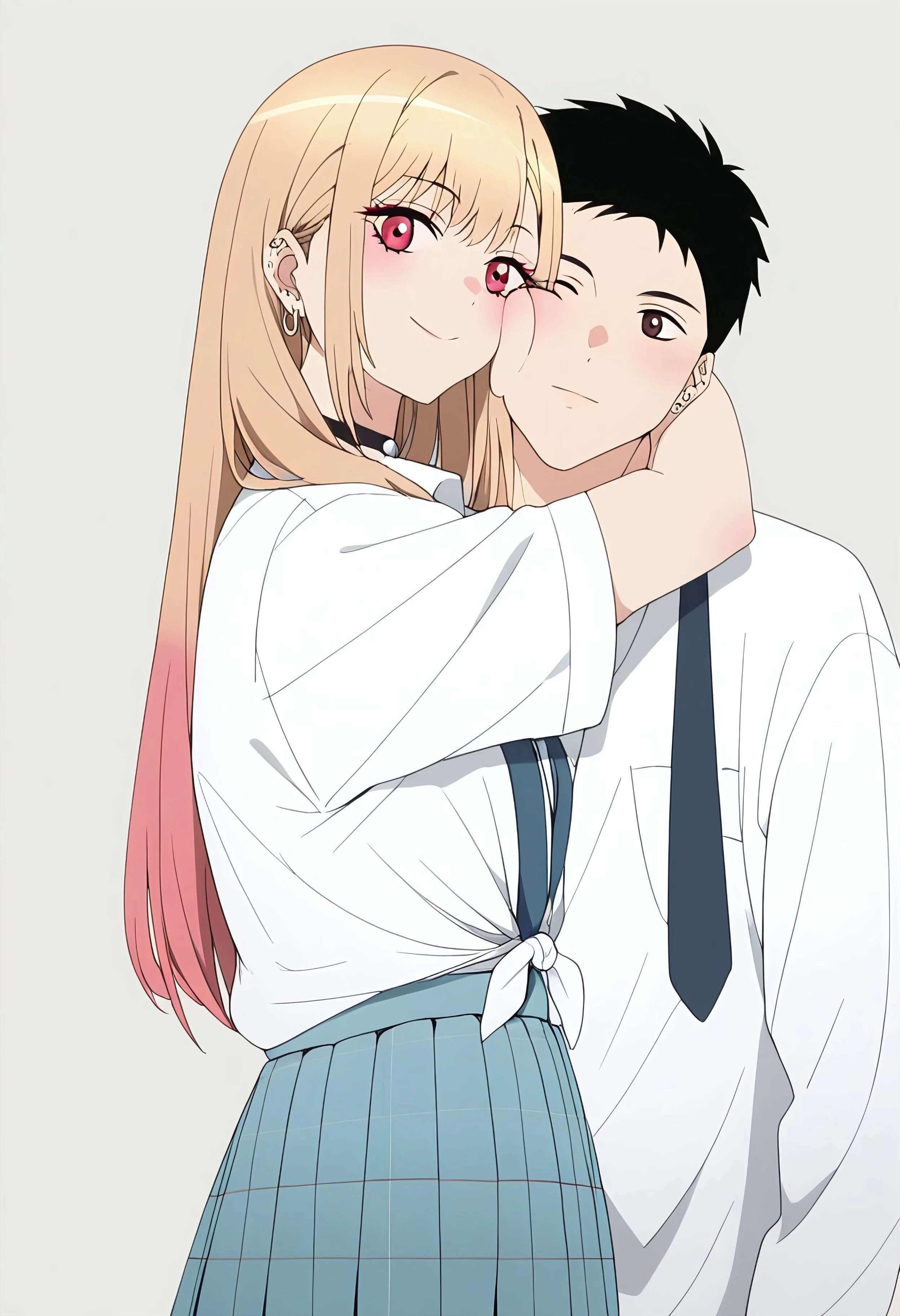 ((Masterpiece, Highest Quality, Ultra Detailed, High Resolution, Absurd: 1.2)
Score_9, Score_8_up, Score_7_up, source_anime.masterpiece,highres,absurdres. Best resolution. Good anatomy.
Kitagawa Marin,1girl, blonde hair, long hair, multicolored hair, red eyes, jewelry, earrings, piercing, school uniform, white shirt, tied shirt, black choker, blue necktie, plaid skirt
(1girl and black hair 1boy)
rubbing cheek to cheek. crumpled cheeks