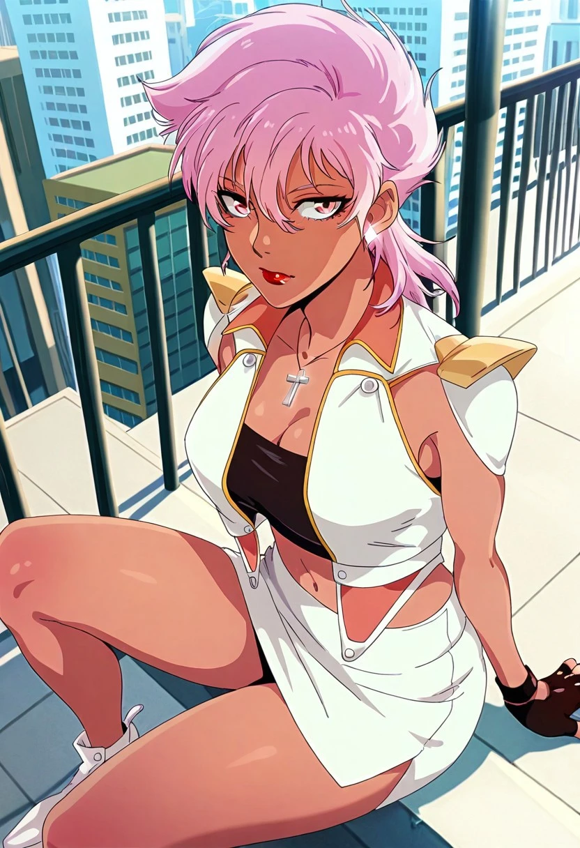 masterpiece, best quality,source_anime,Illia ,dark skin,pink twintail hairstyle, pink eyes, red lips, cross necklace, ear accessory, casual clothing,wrister,fingerless gloves,miniskirt,shoes,sitting,city view, street background