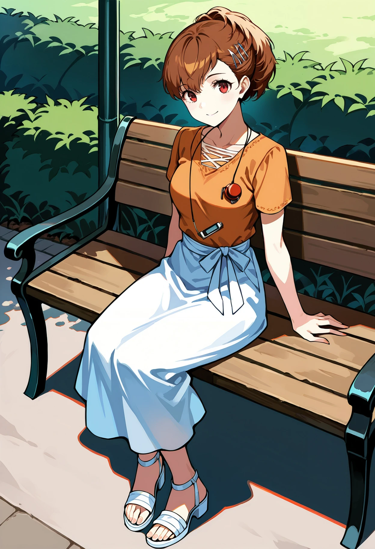 (masterwork, masterpiece, best quality, hyper-detailed :1.1),
1 girl, solo,
p3kotone, ponytail, shiomi kotone, brown hair, short hair, hair ornament, hairclip, headphones, digital media player
p3kotone-sumcas, shirt, orange shirt, short sleeves, skirt, white skirt, sandals, white sandals,
outdoors, park, greenery, looking at viewer, smile, sitting, bench,