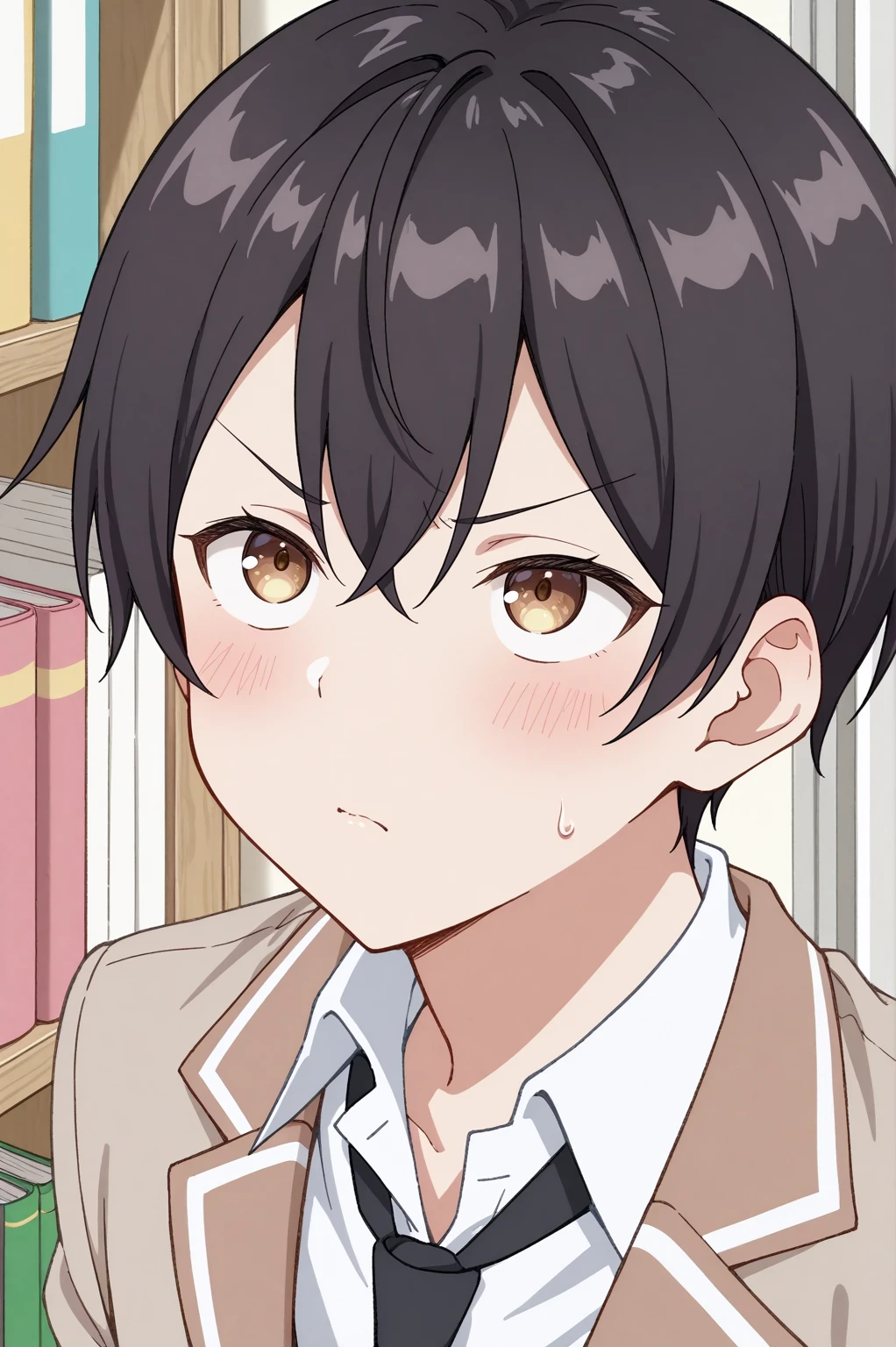 <lora:weq:0.8> Masachika, solo, blush, short hair, shirt, black hair, hair between eyes, closed mouth, jacket, school uniform, white shirt, necktie, collared shirt, indoors, sweatdrop, v-shaped eyebrows, book, blazer, looking up, black necktie, brown jacket, bookshelf