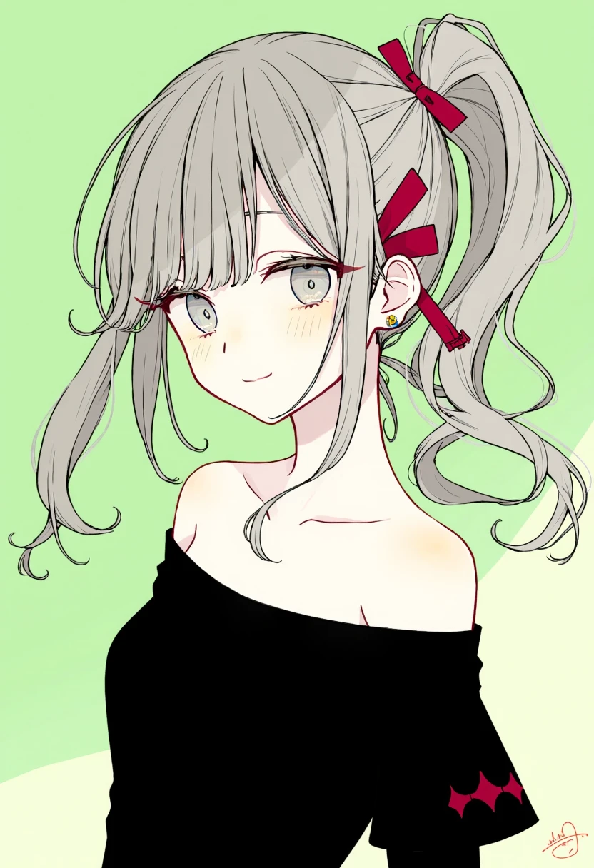 clean soft color digital illustration of anime girl with a slender build and fair skin. She has shoulder-length, wavy, silver hair adorned with a red hair clip on the right side, which matches the red accents on her outfit. Her hair is styled in a loose ponytail with a few strands framing her face. She has a delicate, oval face with large, expressive eyes and a subtle, confident smile. Her makeup is minimal, allowing her natural beauty to shine through. She wears a black, off-the-shoulder top that reveals her slender shoulders and upper arms.
The background is a soft gradient of pastel green, creating a calm, serene atmosphere. The overall style is a blend of anime and manga influences, with a focus on clean lines and a polished finish.