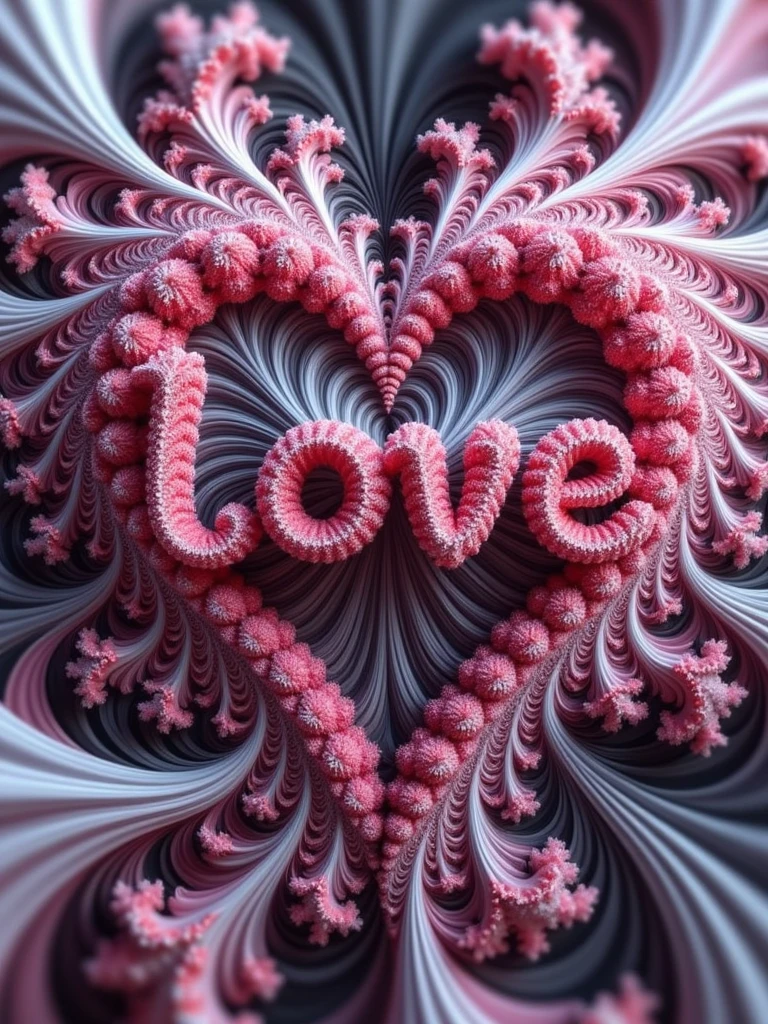 made by fractal art,The image is a highly detailed CGI (computer generated image) with a word "love",