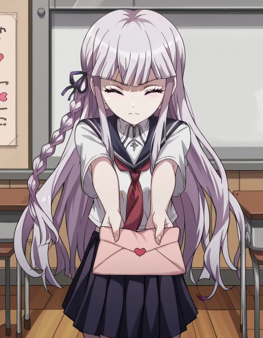 score_9, score_8_up, score_7_up, source_anime, <lora:kyouko-kirigiri-s1-ponyxl-lora-nochekaiser:1>, kyouko kirigiri, long hair, bangs, ribbon, purple eyes, hair ribbon, purple hair, braid, single braid, side braid, medium breasts, anime screencap, <lora:love-letter-ponyxl-lora-nochekaiser:1>, love letter, heart, valentine, letter, confession, incoming gift, outstretched arms, closed eyes, shouting, classroom, serafuku, school uniform, white shirt, blue sailor collar, blue skirt, pleated skirt, short sleeves, neckerchief, red neckerchief,
