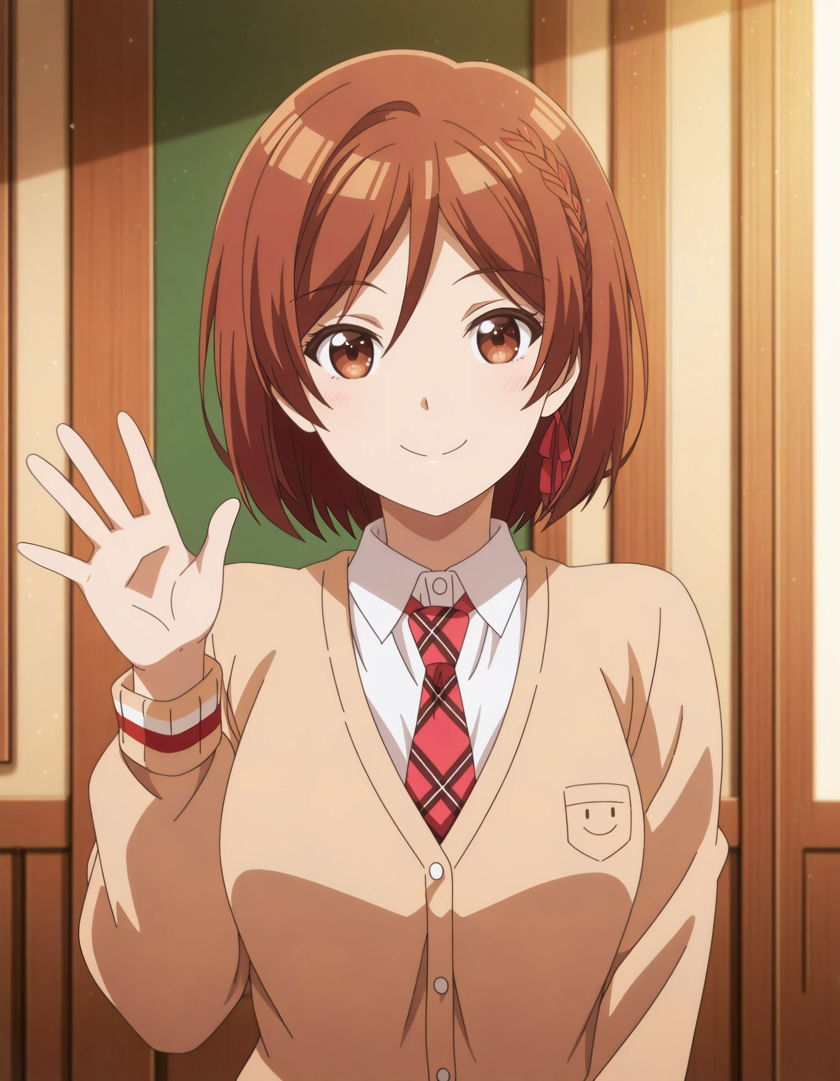 1girl, brown eyes, akanesak, curvy, short brown hair, school uniform, smiling, saying hello, waving,
hdr, low contrast, masterpiece, best quality, absurdres, highres, perfect anatomy, anime style, anime screenshot, 8k wallpaper, ultra high quality, extremely detailed cg, perfect lighting, (sharp image)