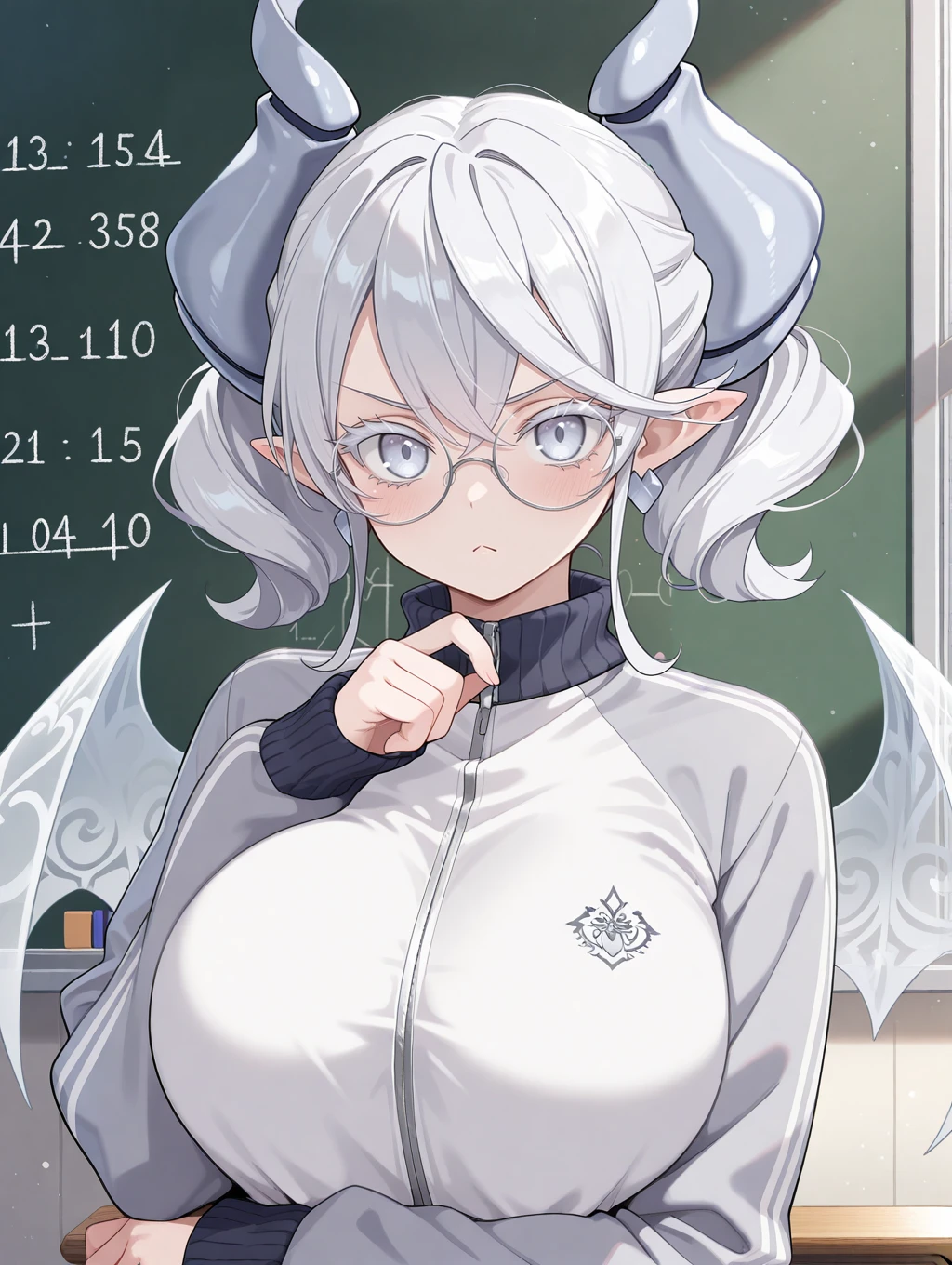 1girl,solo,round glasses,demon girl,upper body,large breasts,looking at viewer,blush,serious,:<,closed mouth,floral background,heart earrings,hand up,sleeves past wrists,lovely labrynth of the silver castle,transparent demon wings,grey track jacket,math,thinking,classroom,indoors,
masterpiece,best quality,amazing quality,very aesthetic,newest,<lora:Lovely labrynth of the silver castle illuXL v1:0.6>,white eyelashes,