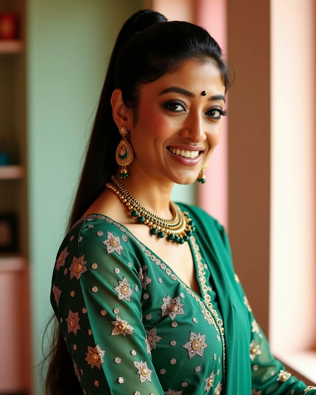 full body photo of Paoli Dam woman,candid photo with natural colors, grinning expression on face,studio quality, wearing intricate elegant conservative long sleeved Emerald Ghagra Choli, high ponytail, pastel shaded multicolored background, cinematic soft lighting<lora:TestBed\Paoli_Dam_Flux_Kohya_V1b-000004.safetensors:0.8:0.8>