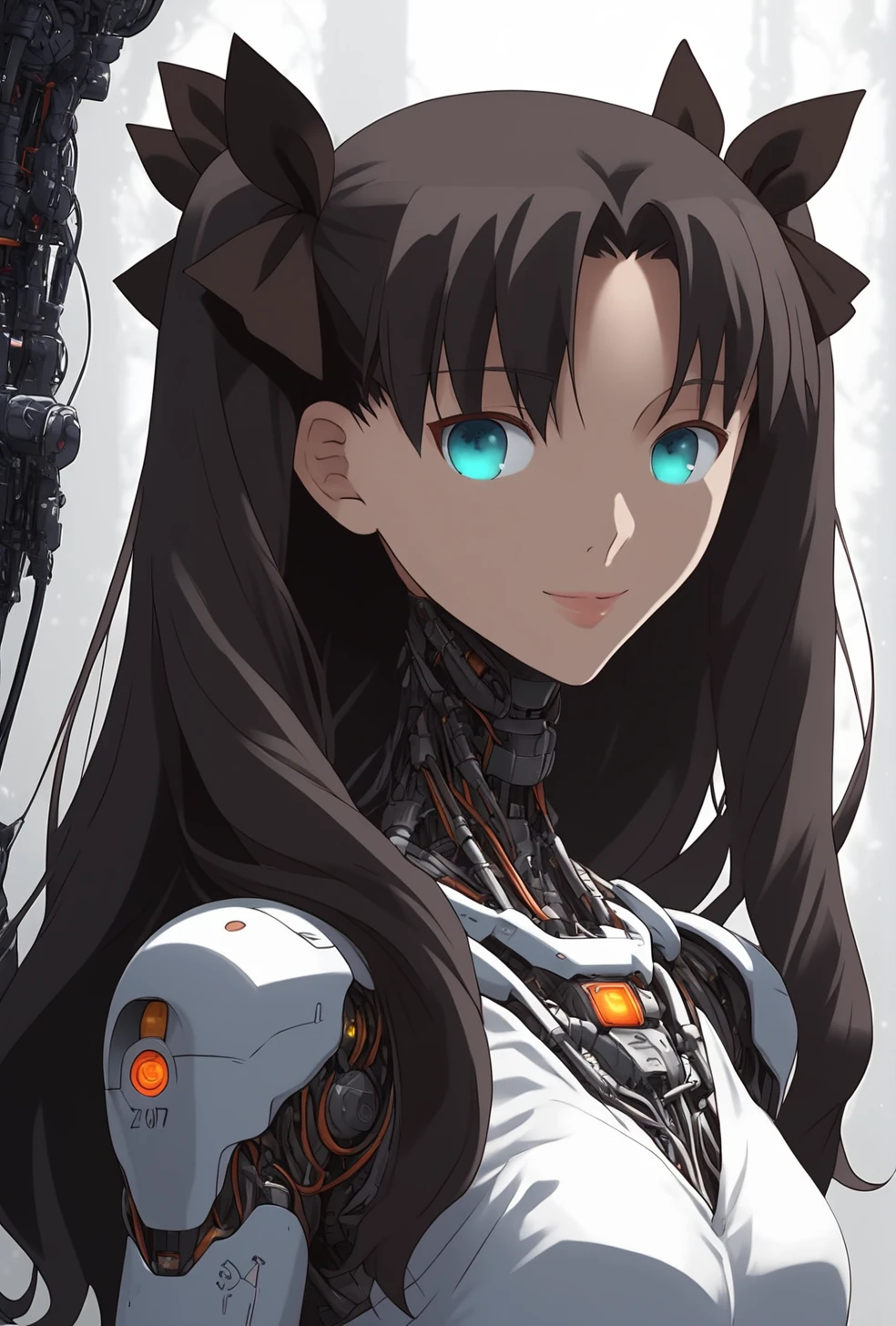 1girl, solo, anime, score_9, score_9_up, source_anime, <lora:rin-tohsaka-emiyachi-ponyxl-lora-nochekaiser:1> rin tohsaka, long hair, 1girl, tohsaka rin, solo, black hair, blue eyes, smile, two side up, ribbon, hair ribbon, looking at viewer <lora:SemiRobo:1> semirobo, science fiction, lips, cable, robot joints, android, robot, bodysuit, glowing, mechanical parts, standing, fullbody, <lora:Expressive_H:1.25> expressiveh