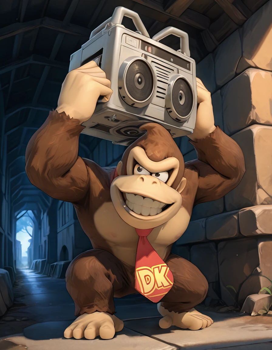 perfect quality, high quality, masterpiece, absolutely eye-catching, ambient occlusion, raytracing, <lora:DonkeyKong_Illustrious:1> donkeykongxl, red necktie "DK", necktie, no humans, open mouth, grin, holding boom boxâââ