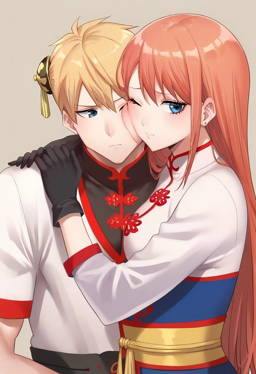 Masterpiece, Highest Quality, Ultra Detailed, High Resolution, Absurd.
Score_9, Score_8_up, Score_7_up, source_anime.masterpiece,highres,absurdres. Best resolution. Good anatomy.
kaguramov, bun cover
white chinese clothes, asymmetrical clothes, black gloves,uneven gloves, black thighhighs
(1girl and 1boy) bust shot
(rubbing cheek to cheek. crumpled cheeks: 0.8. pressed cheeks)
