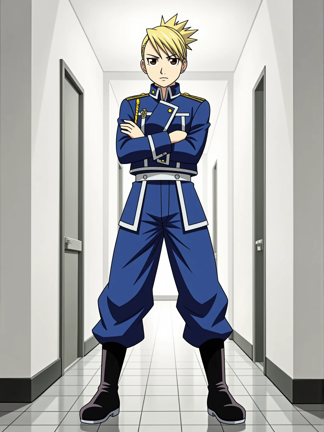 Anime scene of a woman standing in a hallway. The walls are white and the floor is gray tile. The woman has spiky blonde hair styled in a bun. She is wearing a blue military with gold and silver accents. She is wearing baggy blue pants and black boots. The woman has a serious expression. Her arms are crossed.