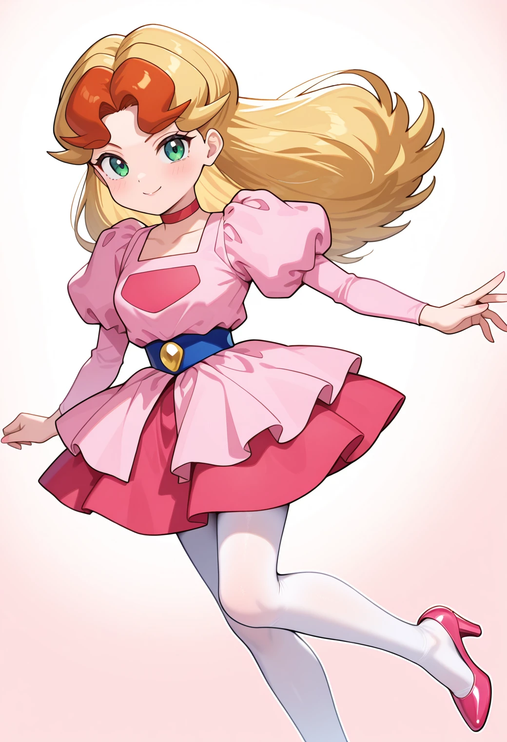 (masterpiece, best quality:1.2), 1girl, solo, (flat color:1.1), (princess peach:1.1), from the mario franchise, pink and gold, long blonde hair, large breasts, pink dress with puffy sleeves, white gloves, pink high heels, blue eyes, gold crown, royal demeanor, standing in the mushroom kingdom, waving with a warm smile, hopeful and kind expression, ( background:0.3), (solid circle eyes:0.7)