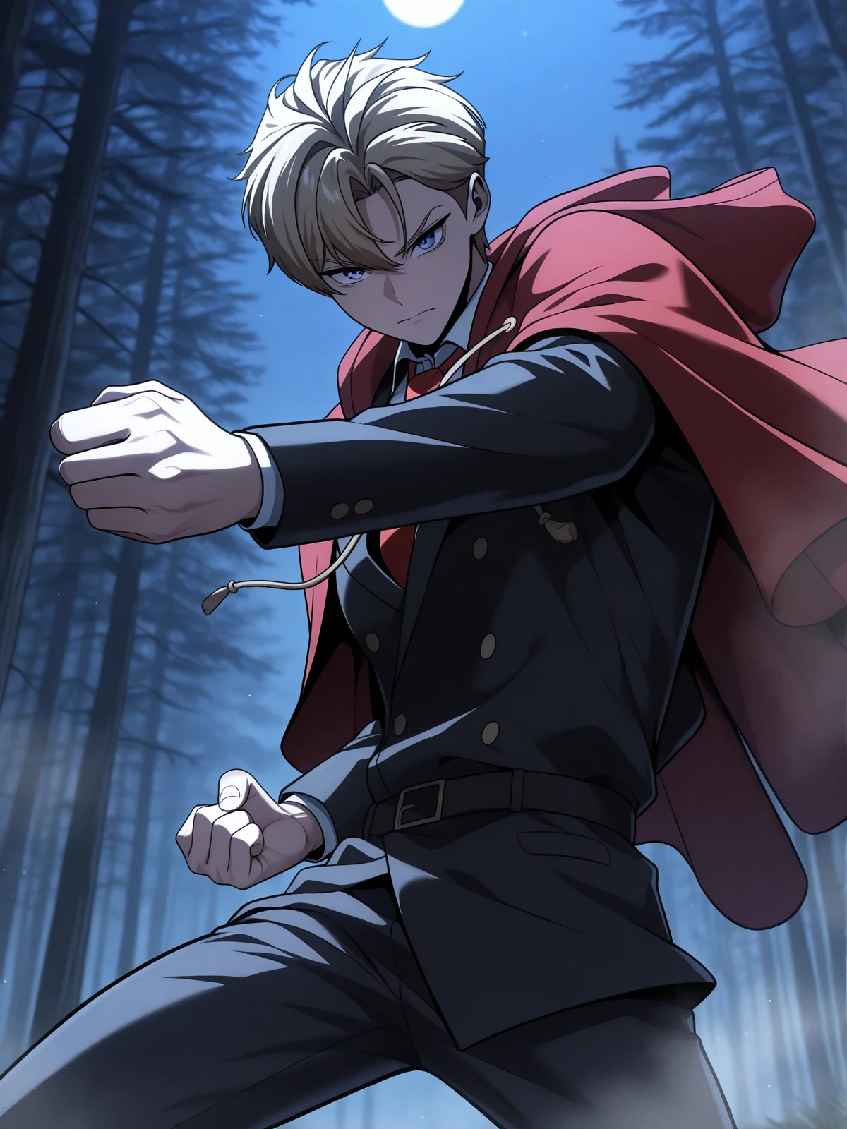 ed_rothstaylor, blonde hair, short hair,grey eyes, 1boy, red necktie, academy school uniform, black jacket, red capelet, white shirt, collared shirt, black pants, belt, BREAK outdoors, forest, night BREAK serious face, looking at viewer, villain pose, dynamic pose, rolling sleeves upBREAK masterpiece, best quality), amazing quality, absurdres, highres, newest, HDR, 8K, solo, <lora:Ed_Rothstaylor:0.8>