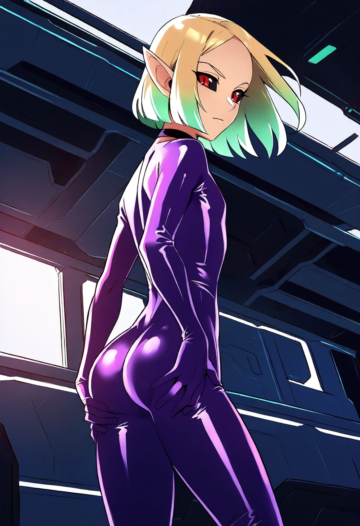 masterpiece, best quality, highres, lu1, cyborg, multicolored hair, makeup, bare shoulders, black leotard, highleg leotard, thong, cyberpunk, train, walking, cowboy shot, ben10af style